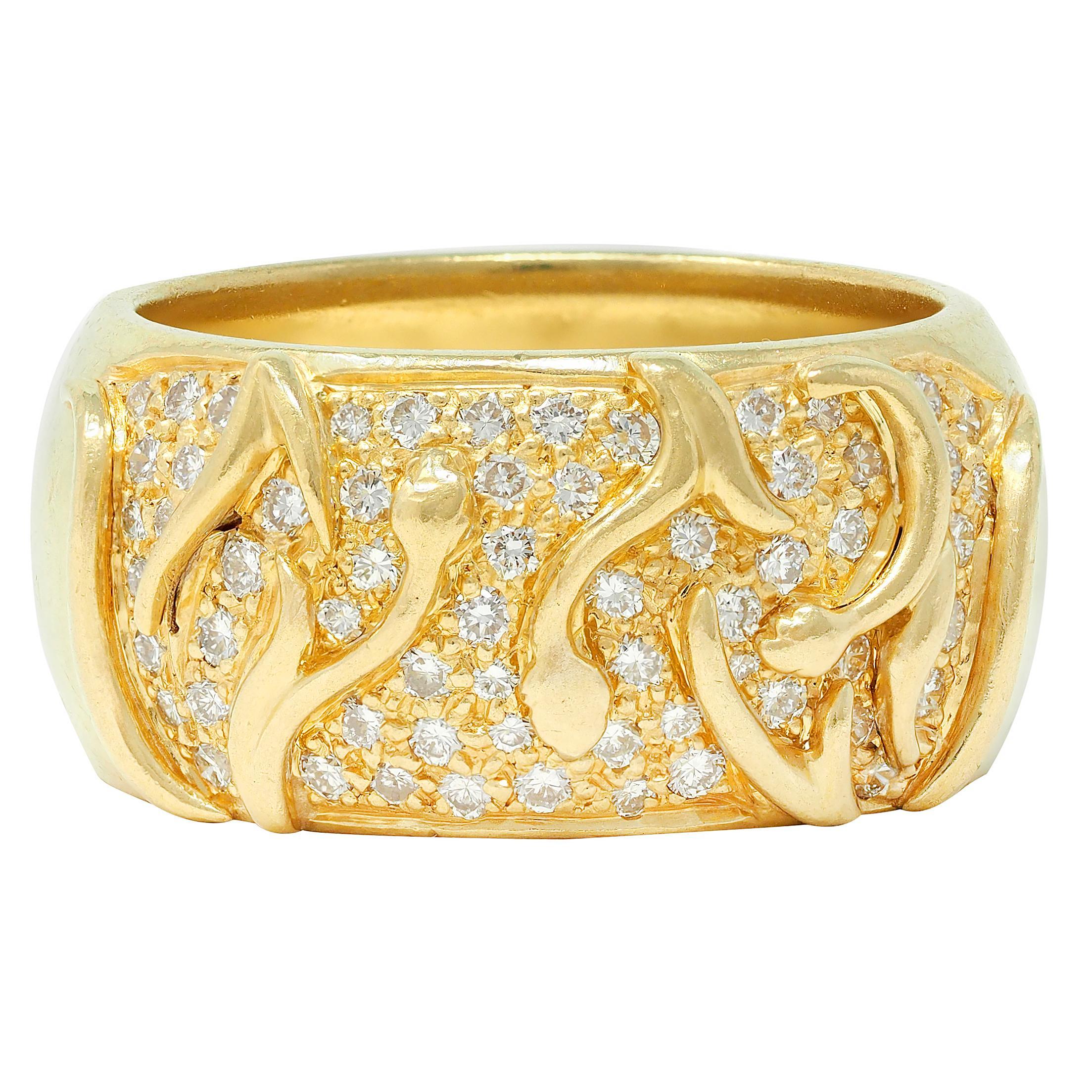 Jose Hess 1980's Diamond 18 Karat Yellow Gold Floral Vintage Wide Band Ring