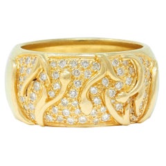 Jose Hess 1980's Diamond 18 Karat Yellow Gold Floral Vintage Wide Band Ring