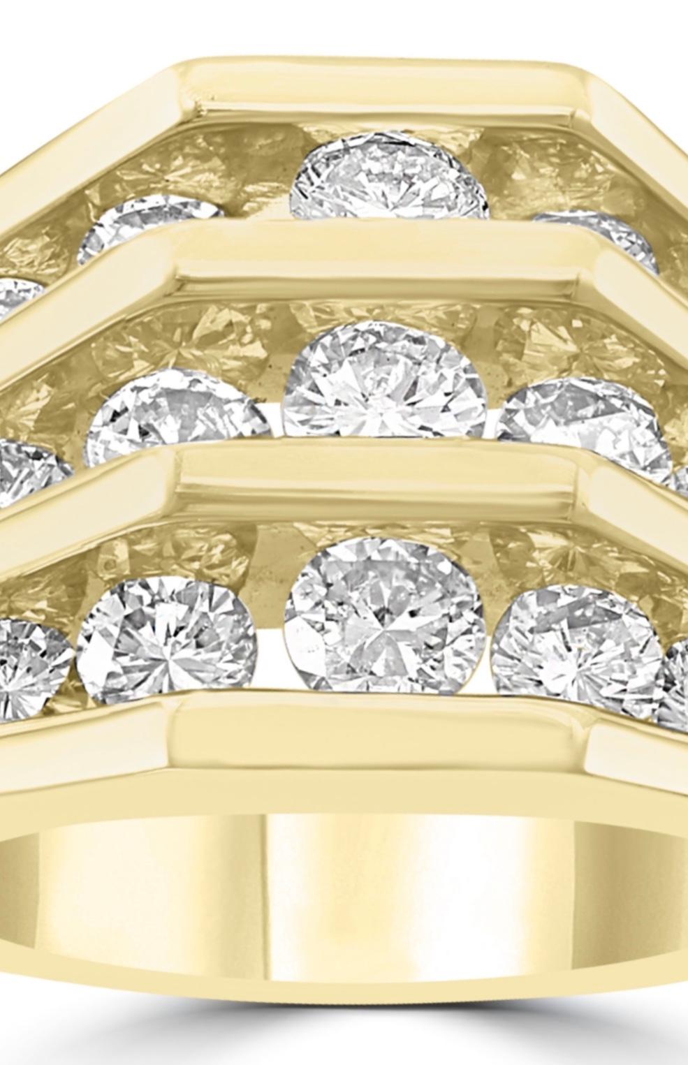 Round Cut Jose Hess 2.6 Carat Diamonds Unisex 3-Row Diamond Yellow Gold Band Ring