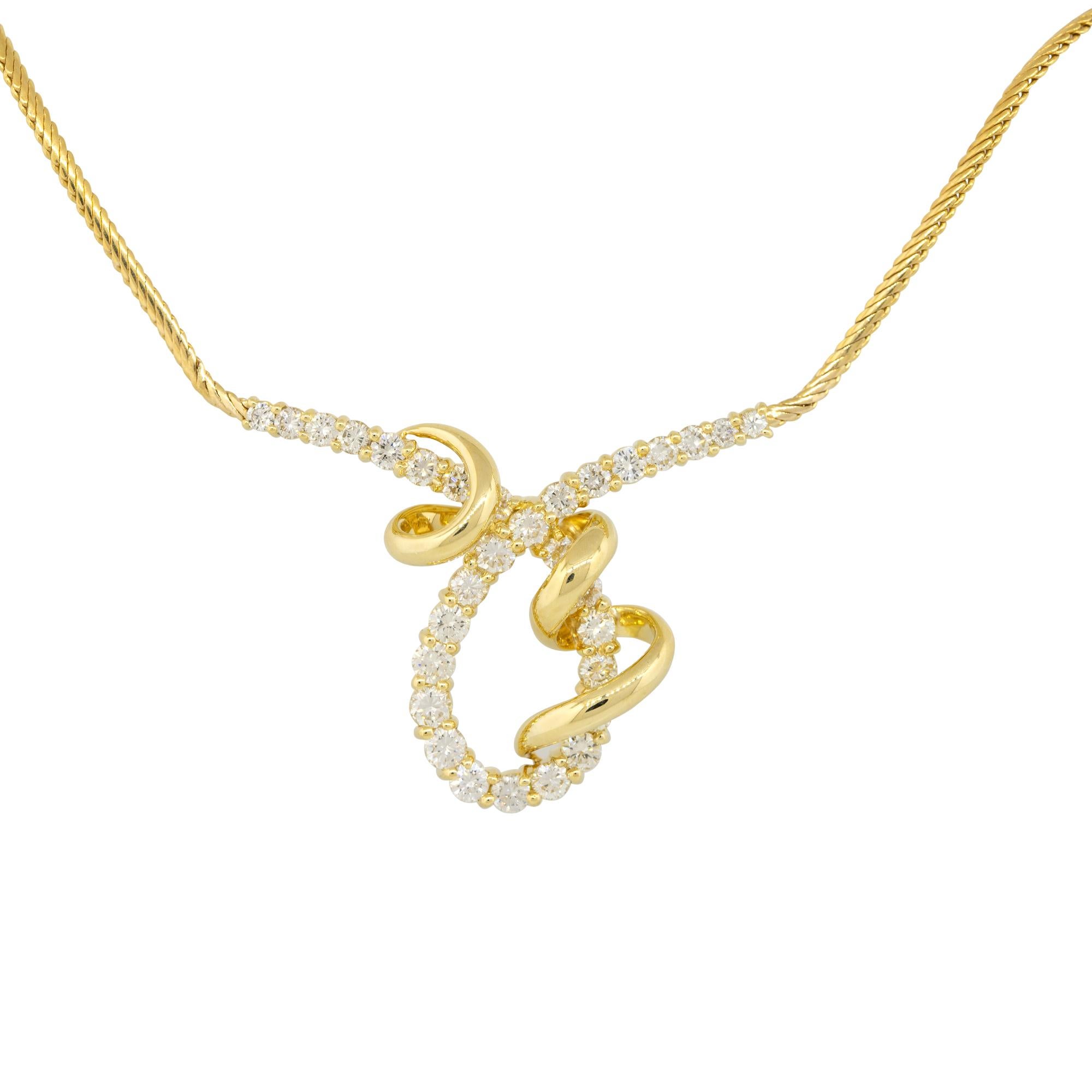 Jose Hess 18k Yellow Gold 3ct Round Brilliant Diamond Loop Ribbon Necklace

Product: Jose Hess Diamond Ribbon Necklace
Material: 18k Yellow Gold
Diamond Details: There are approximately 3 carats of Round Brilliant cut diamonds (31 stones)
Diamond
