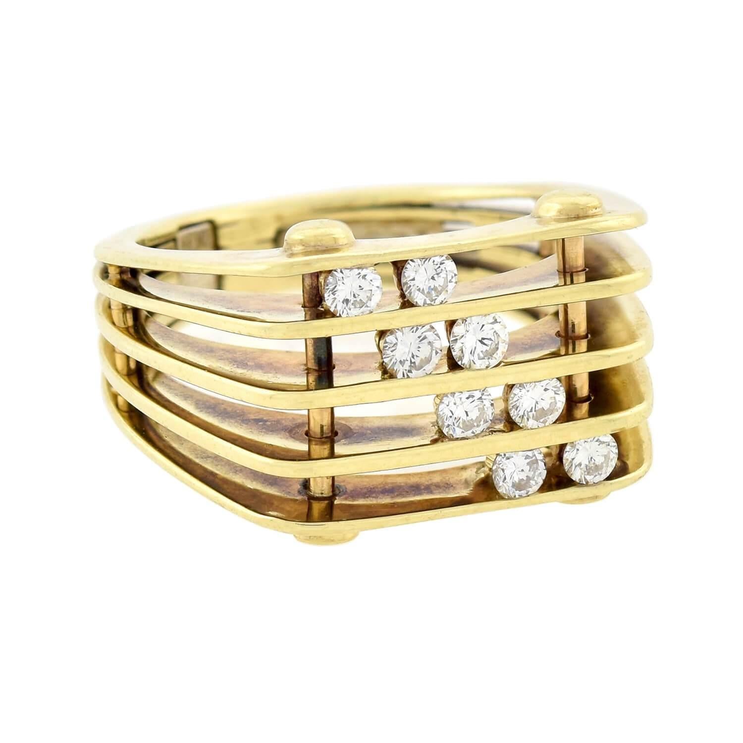 This fabulous gold Modernist ring is a unique signed piece by American designer and goldsmith Jose Hess! Crafted in 14kt yellow gold, the modernist-style piece features eight Round Cut diamonds which line the open rows within the squared and