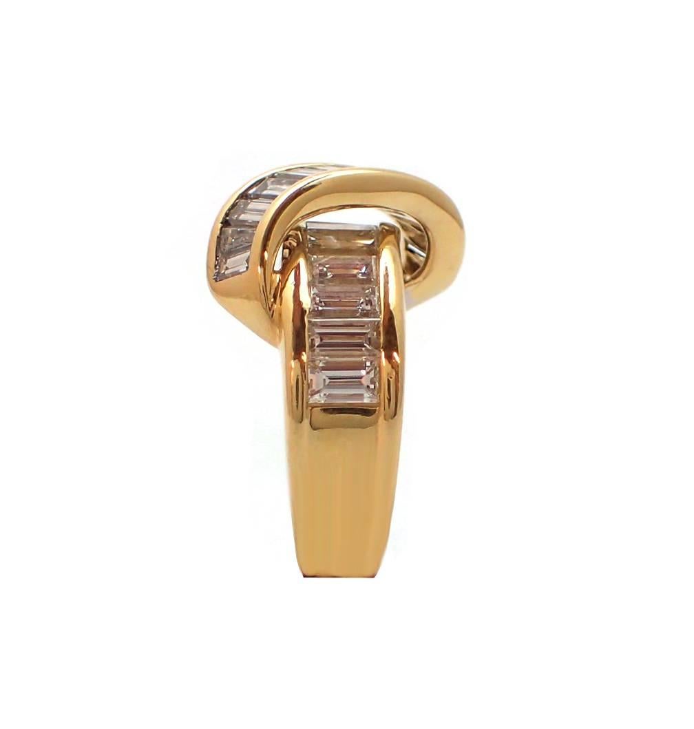 Baguette Cut Jose Hess Diamond Crossover Ring in 18 Karat Yellow Gold For Sale