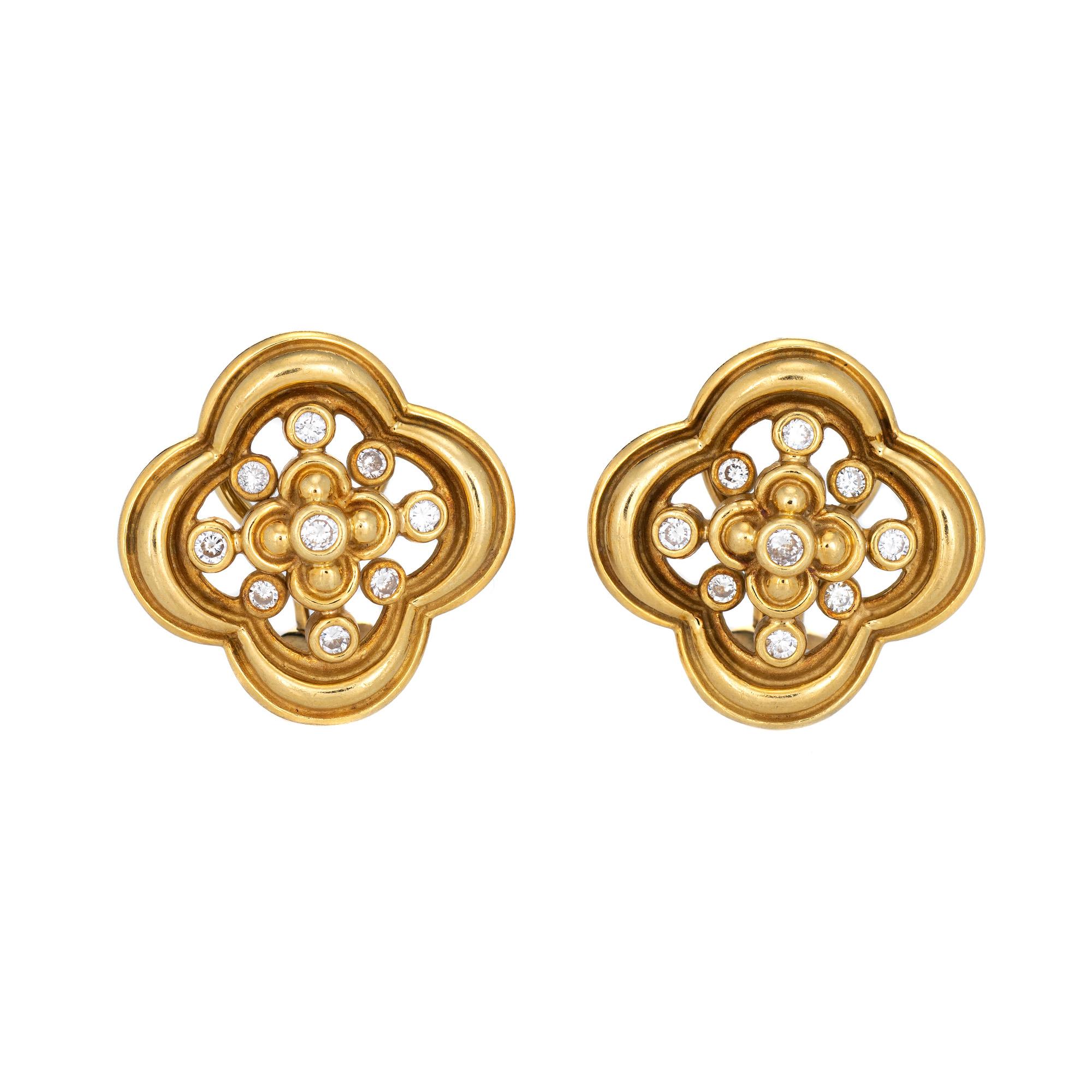 Round Cut Jose Hess Diamond Earrings Vintage 18k Yellow Gold Quatrefoil Design Jewelry For Sale