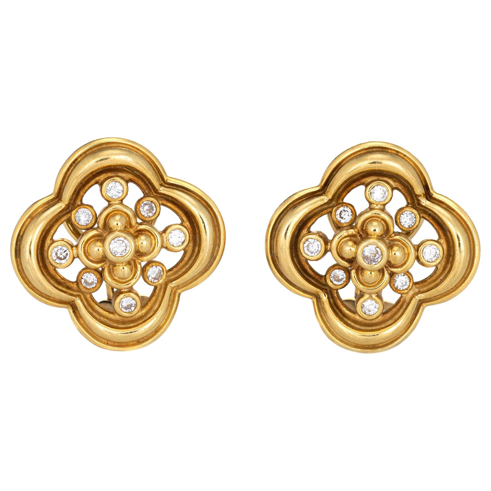 Jose Hess Diamond Earrings Vintage 18k Yellow Gold Quatrefoil Design Jewelry For Sale