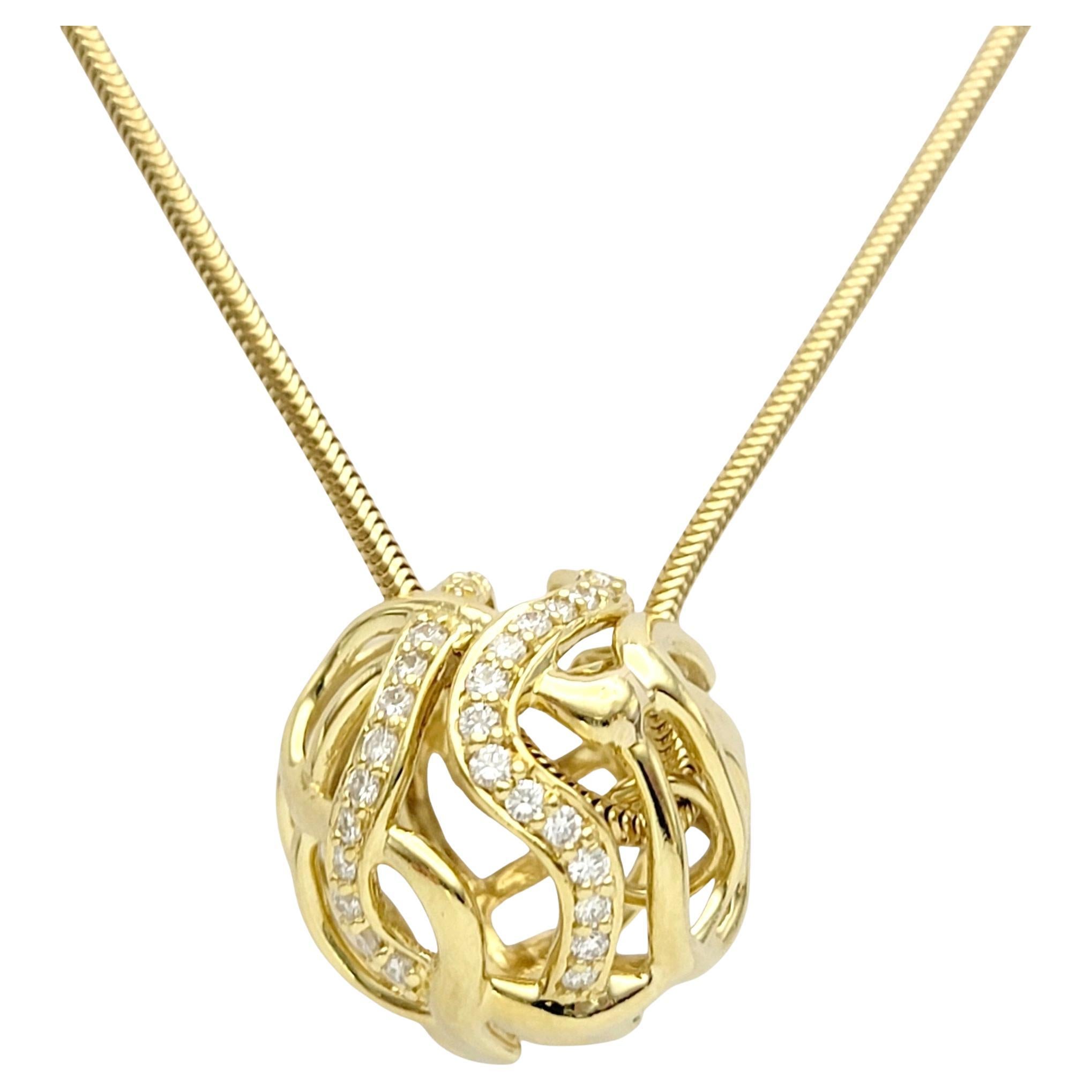 Jose Hess Diamond Open Ball Pendant 36" Long 18 Karat Yellow Gold Necklace For Sale