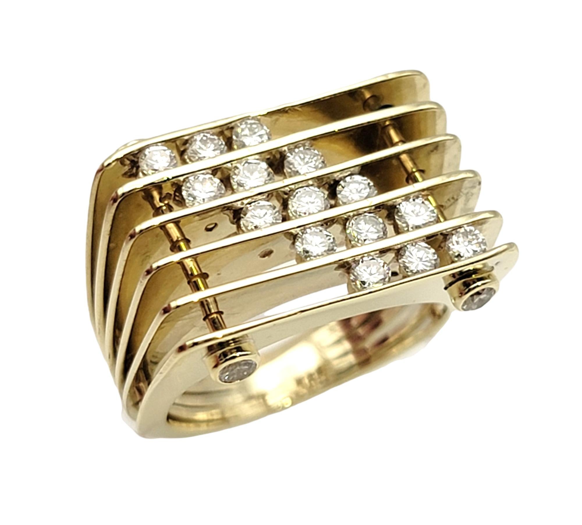 Round Cut Jose Hess Modernist Musical Round Diamond Multi Row Yellow Gold Statement Ring  For Sale
