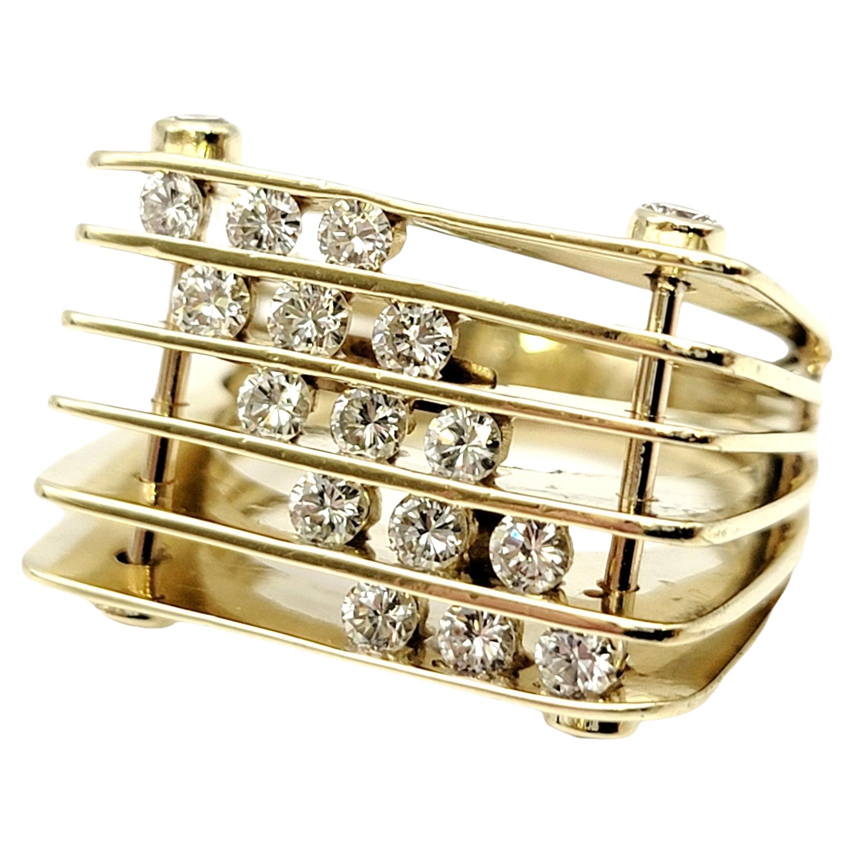 Jose Hess Modernist Musical Round Diamond Multi Row Yellow Gold Statement Ring  For Sale