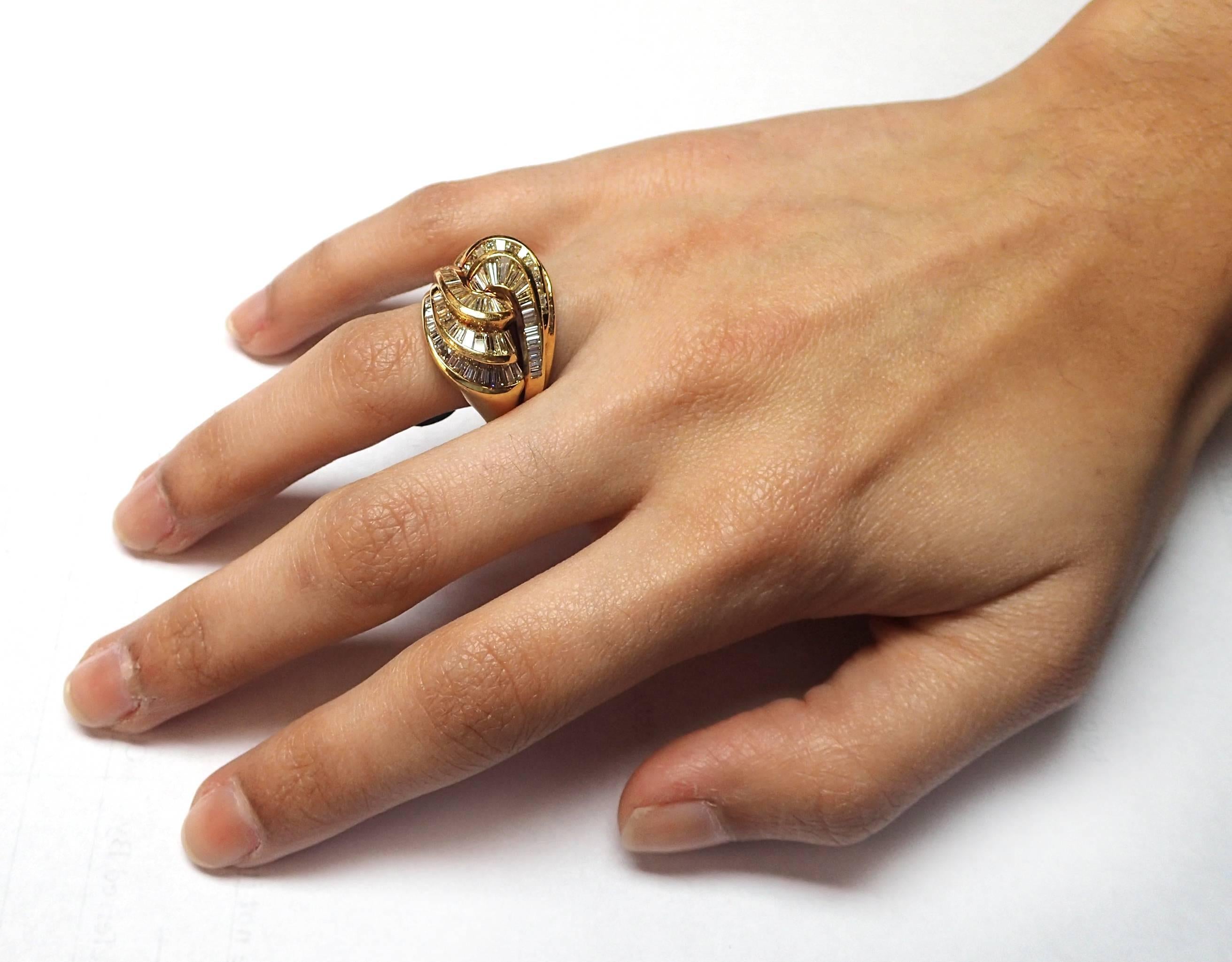 Women's Jose Hess Swirling Diamond Baguette Ring in 18 Karat Yellow Gold For Sale