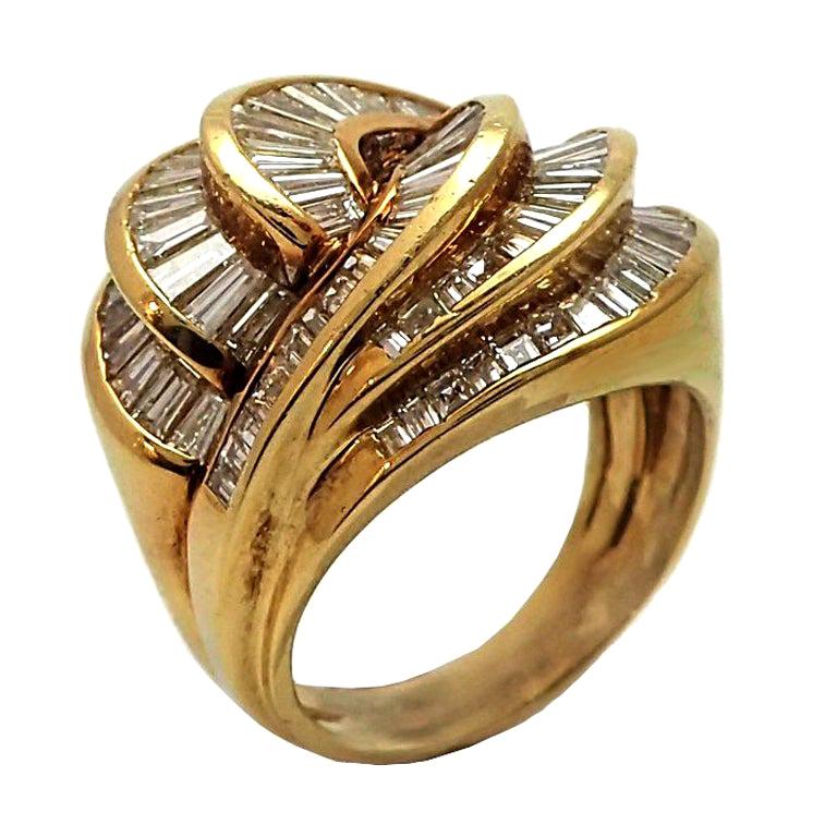 Jose Hess Swirling Diamond Baguette Ring in 18 Karat Yellow Gold For Sale