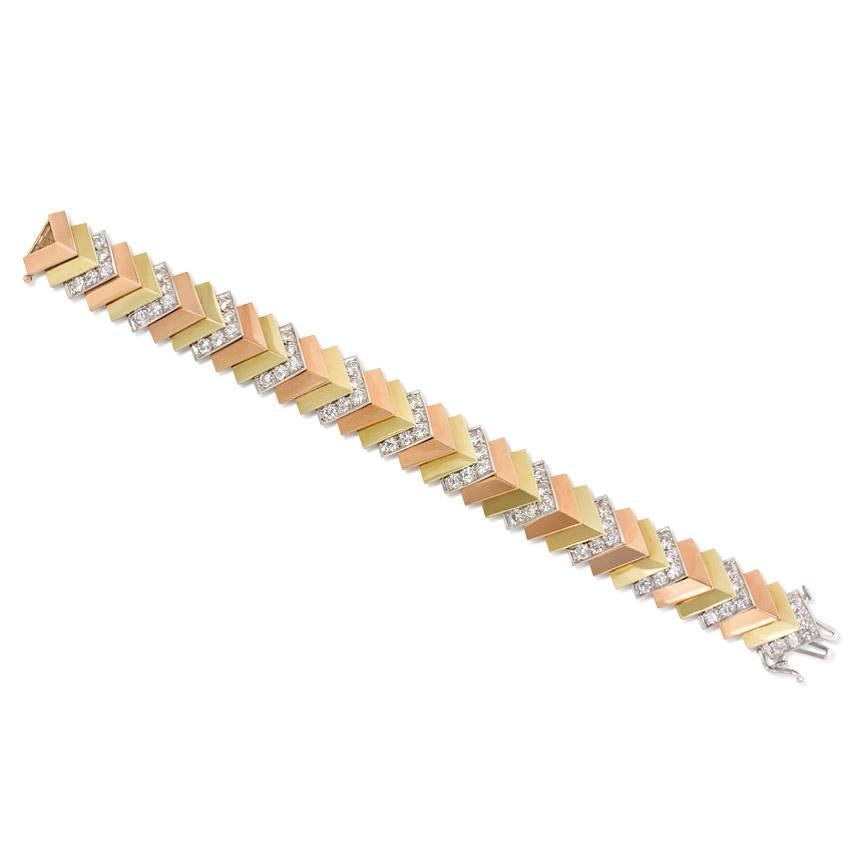 Contemporary Jose Hess Three-Color Gold and Diamond Chevron Link Bracelet.