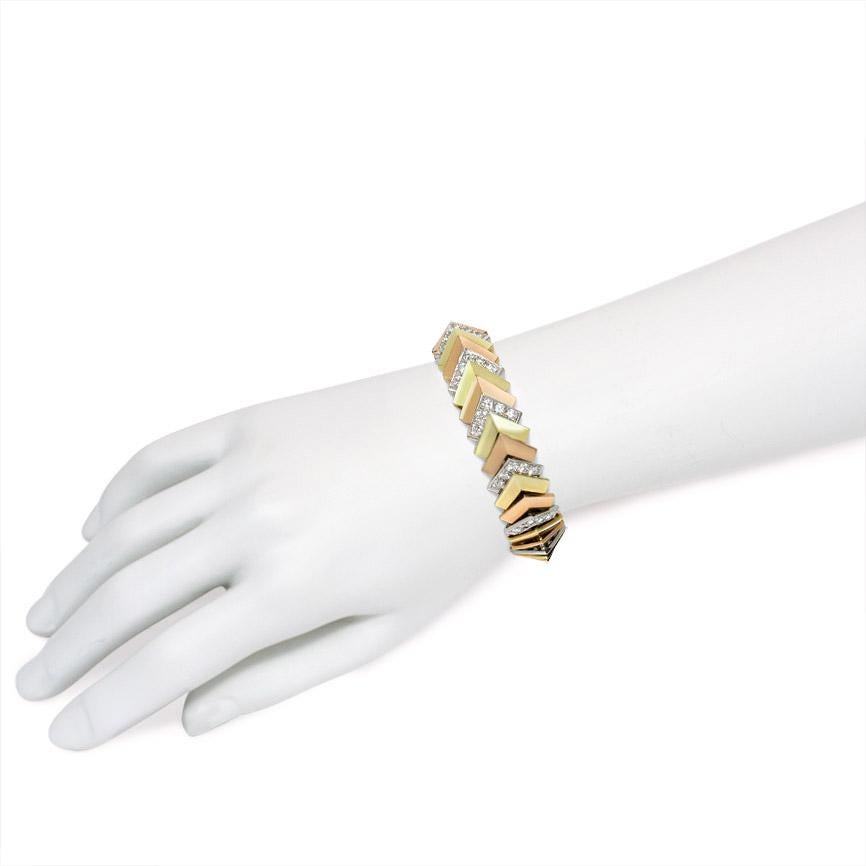 Women's Jose Hess Three-Color Gold and Diamond Chevron Link Bracelet.