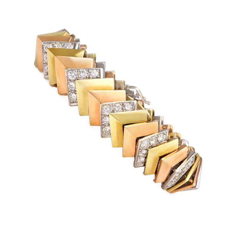Jose Hess Three-Color Gold and Diamond Chevron Link Bracelet.