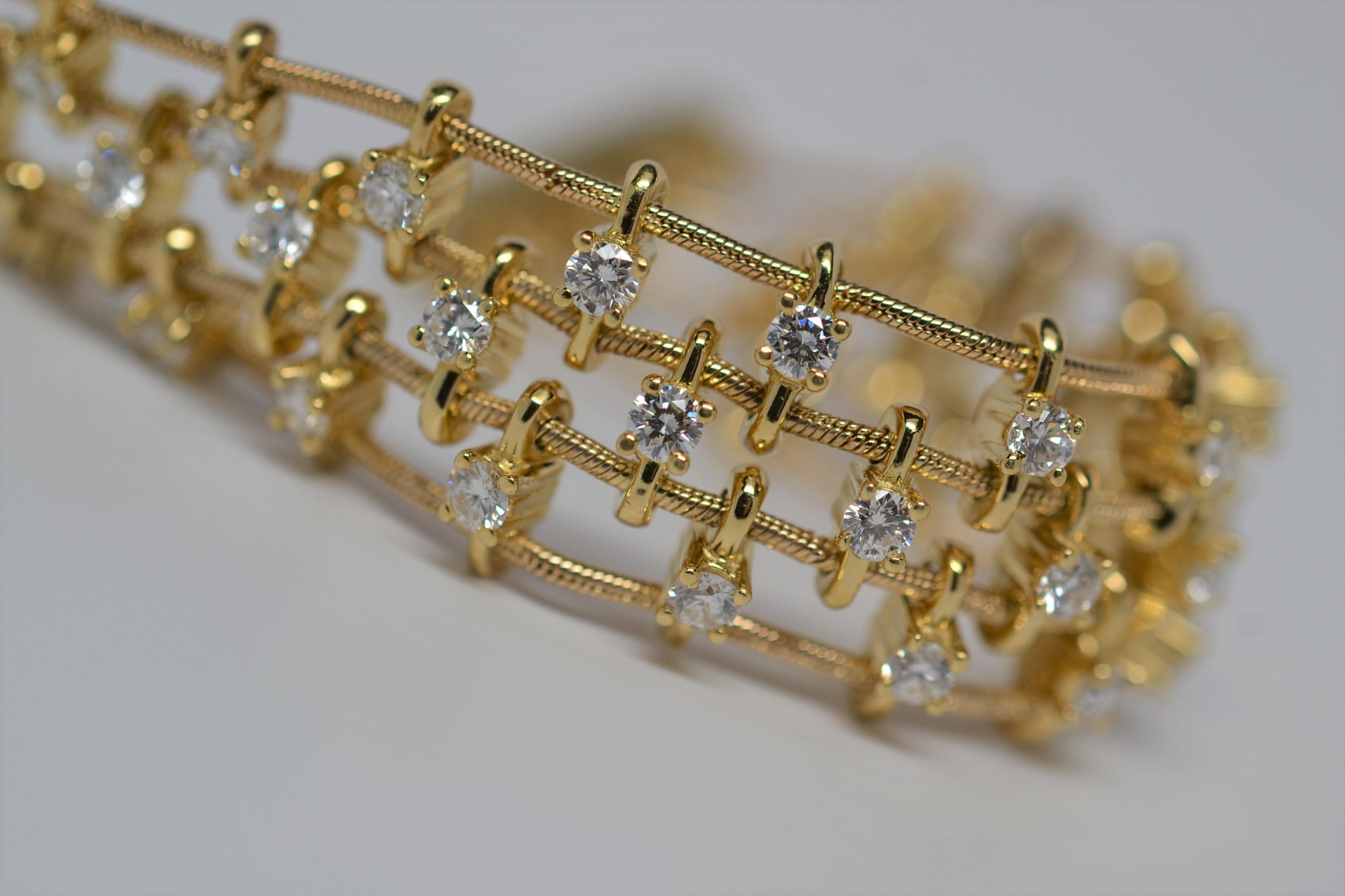 Women's Jose Hess, Three Row Diamond Bracelet in 18k Yellow Gold, 3.01 Carats For Sale