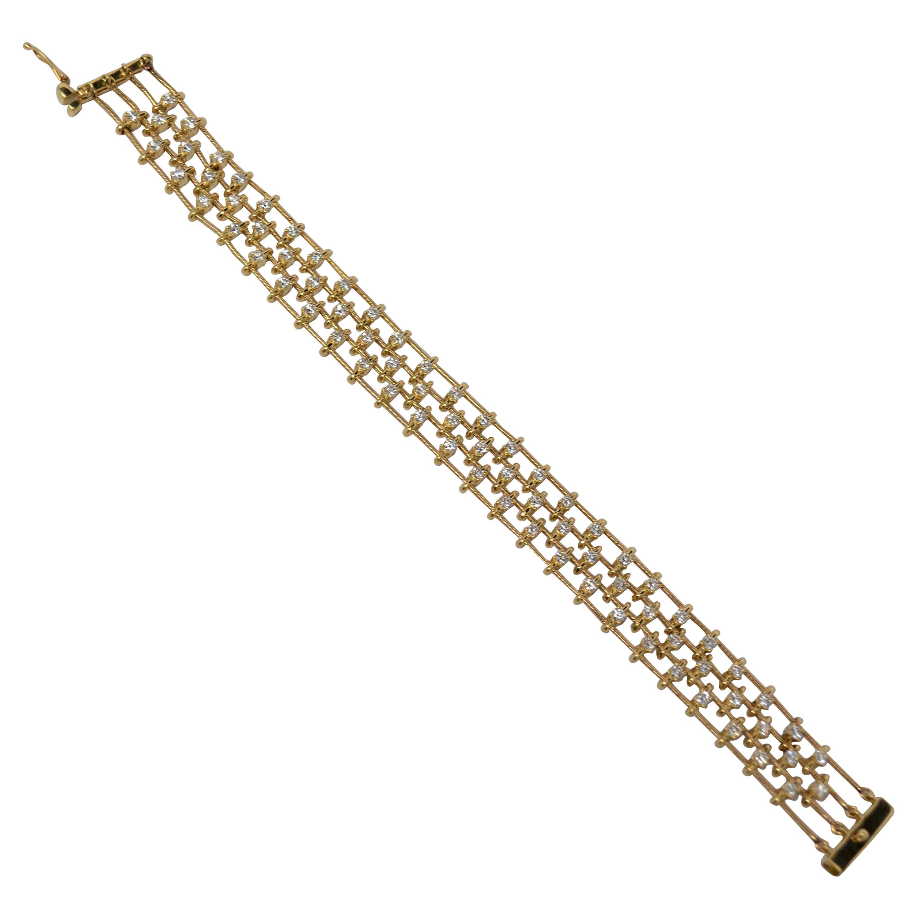 Jose Hess, Three Row Diamond Bracelet in 18k Yellow Gold, 3.01 Carats For Sale