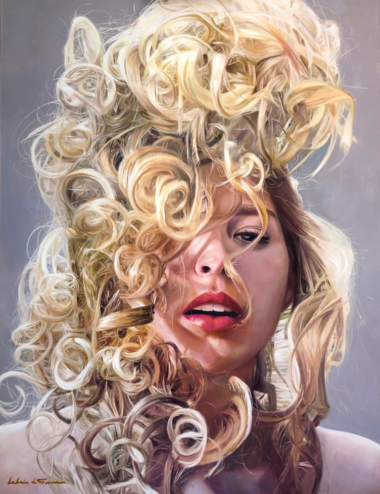 Jose Ladrón de Guevara Portrait Painting - Curly Hair Girl - contemporary female portrait photo-realistic oil painting