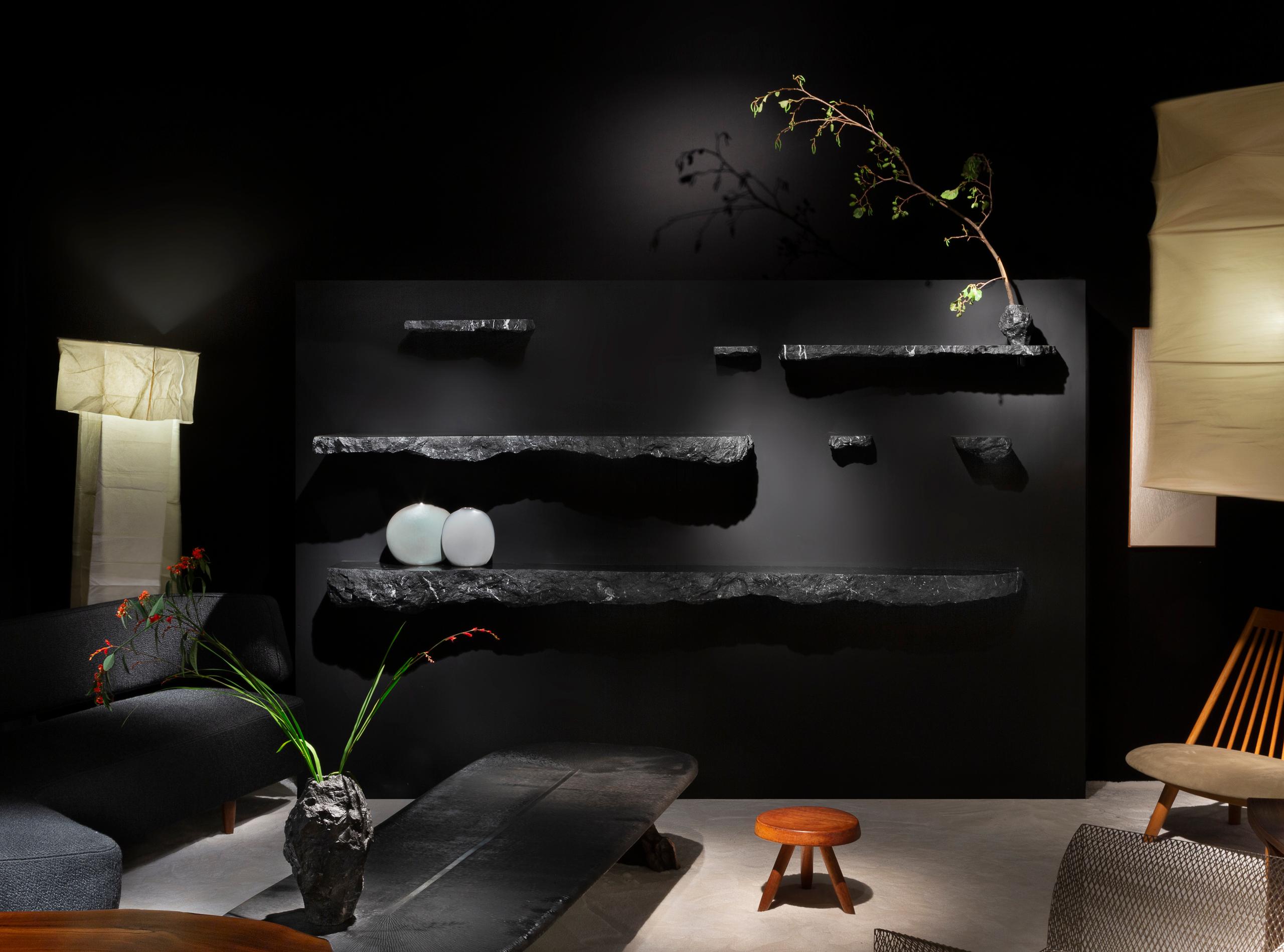 Set of 7 wall shelves and one vase in Nero Marquina marble

Yama Tana have numerous meanings: by their origins and their forms, these marble creations are the paths leading to some upside-down Japanese landscapes.
Thanks to the vision of a