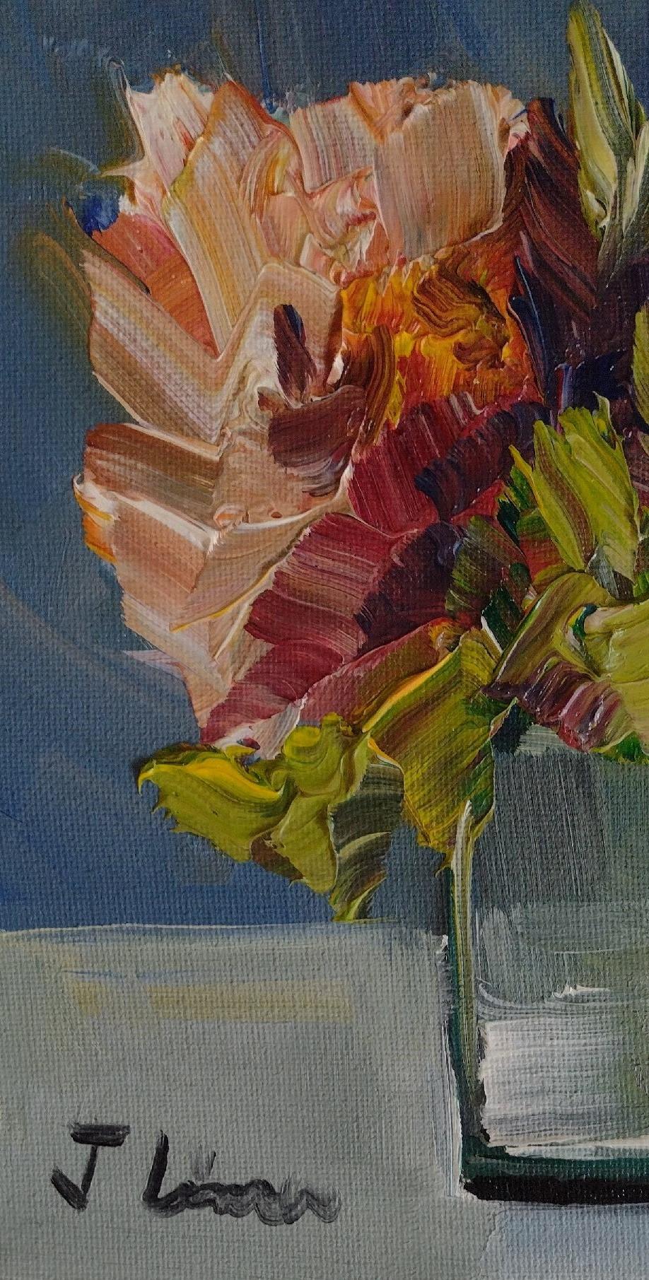 Vase mit Blumen I – Original impressionistisches Ölgemälde auf Leinwand 2022 (Schwarz), Still-Life Painting, von Jose Lima