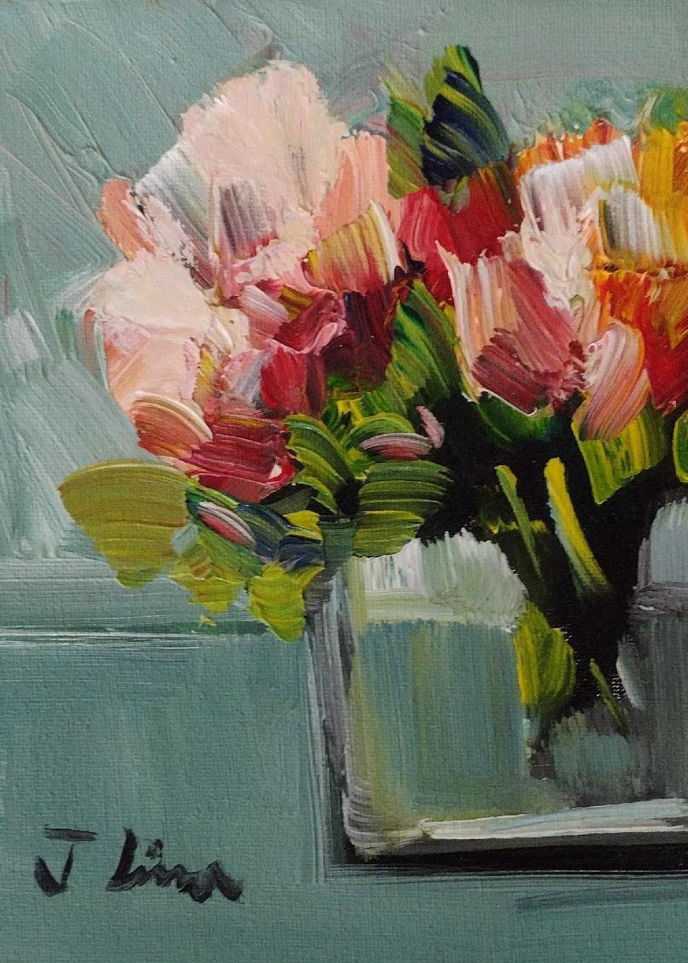 Vase mit Blumen III – Original impressionistisches Ölgemälde auf Leinwand 2022 (Schwarz), Still-Life Painting, von Jose Lima