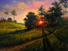 Coucher de soleil magique : La symphonie dorée de la Nature, peinture à l'huile