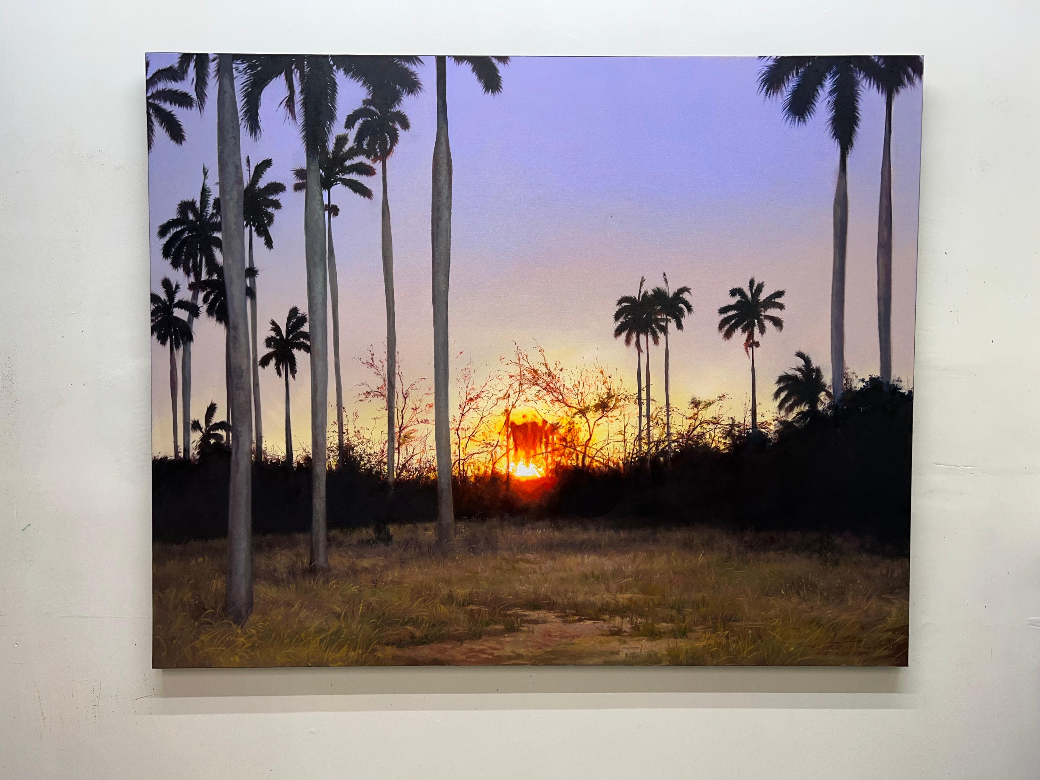 <p>Kommentare des Künstlers<br>Inspiriert von einer Dämmerung, deren Zeuge er wurde, hält der Künstler Jose Luis Bermudez die untergehende Sonne in einer natürlichen Landschaft fest. Im Licht des Sonnenuntergangs färbt sich der Himmel in Rot-,