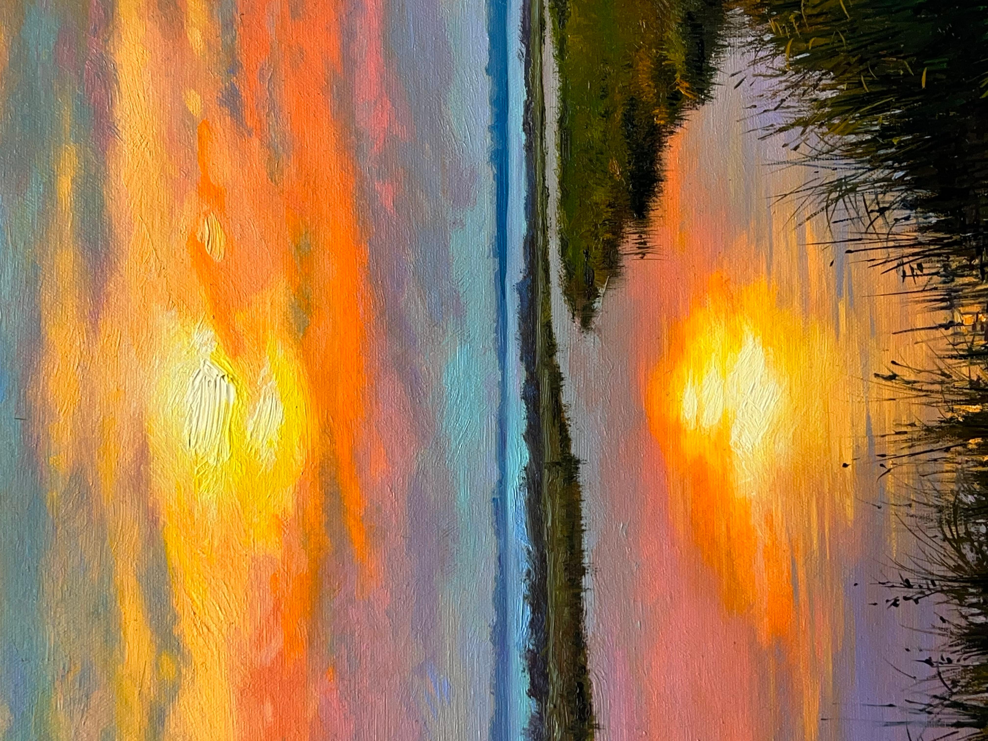 <p>Artist Comments<br>Artist Jose Luis Bermudez captures a majestic sunset from a quiet wetland. He highlights the magnificent twilight with an orange-tinged atmosphere and piercing sunburst. The tranquil water mirrors the sky's radiant colors while