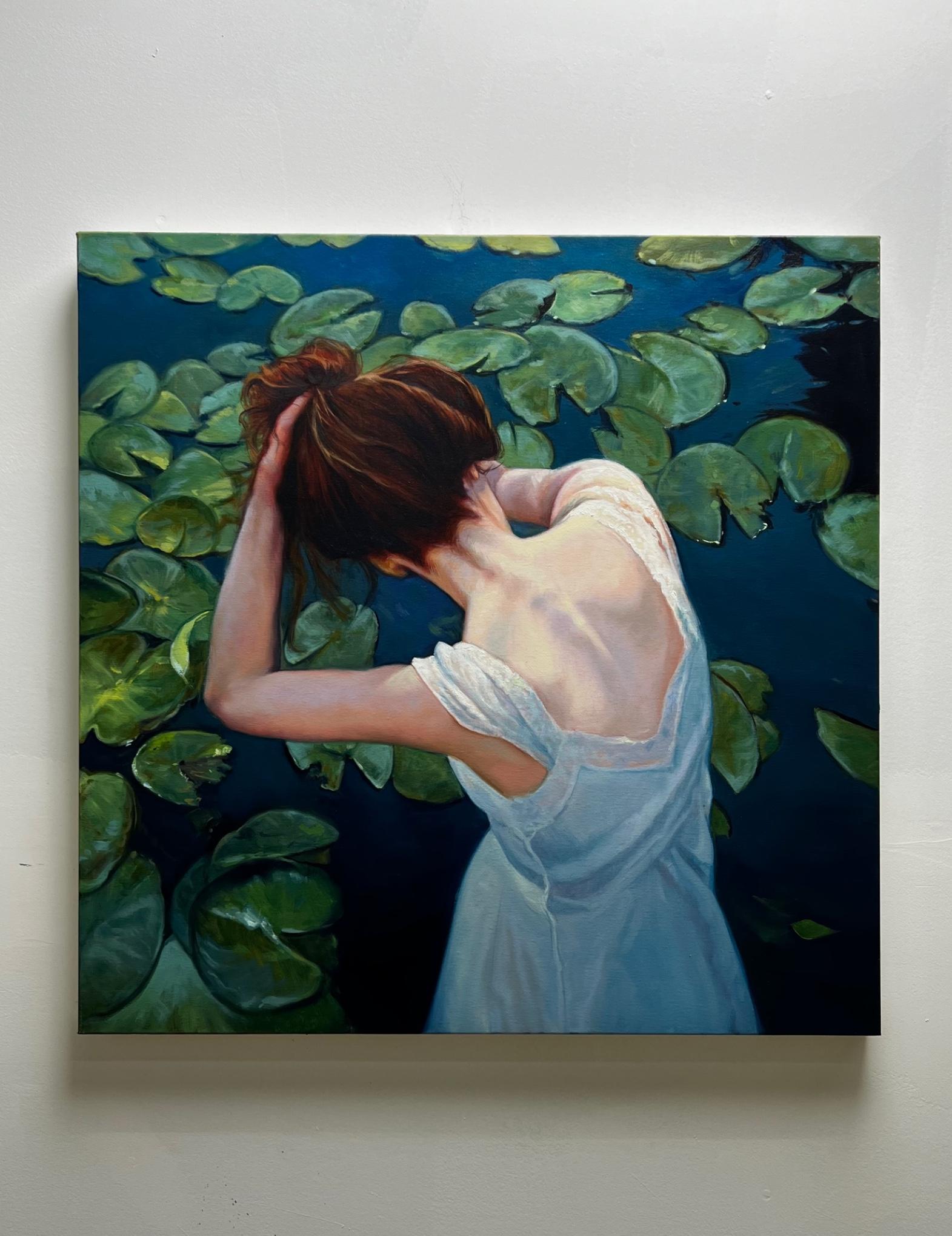 <p>Artist Comments<br />A delicate woman steps into a lake, poised to swim among the water lilies. With soft tones and a calm atmosphere, the scene conveys serenity and harmony with nature. This realistic oil painting invites one to savor the beauty