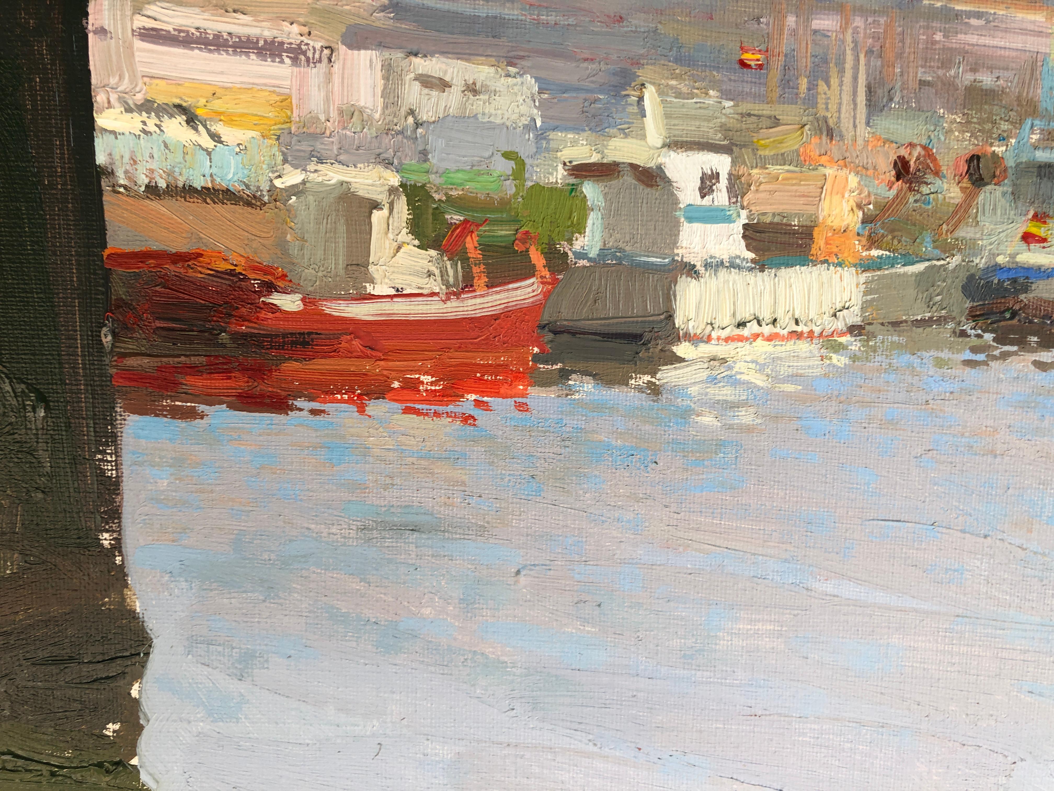 Gandia port Valencia Spain seascape original oil on canvas painting - Post-Impressionist Painting by José Luis Checa