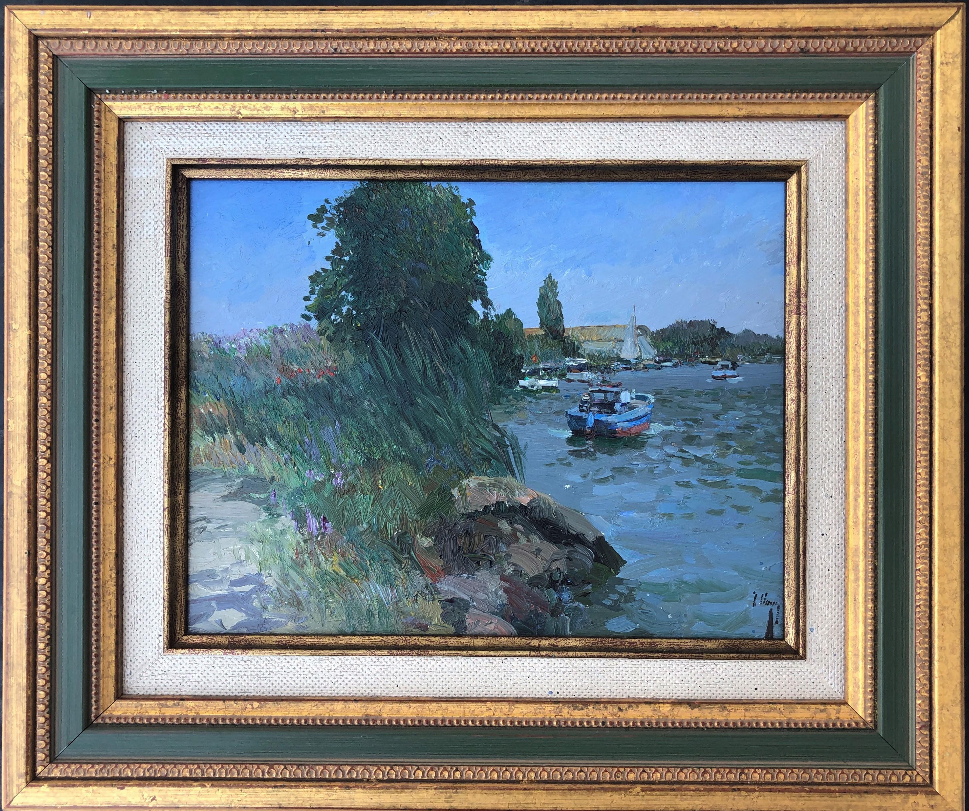 Jucar river Cullera Valencia seascape original oil on board painting - Painting by José Luis Checa