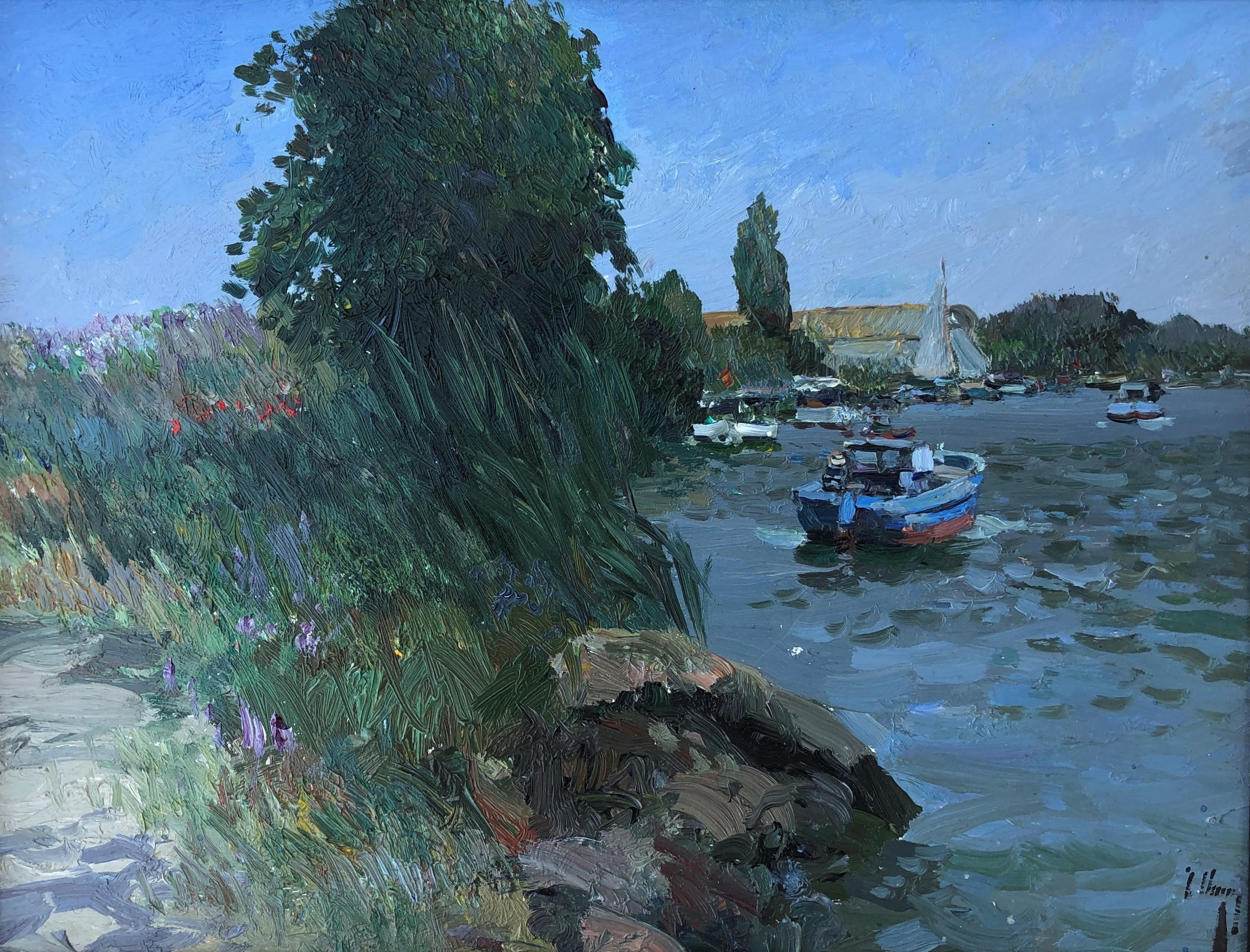 José Luis Checa Landscape Painting - Jucar river Cullera Valencia seascape original oil on board painting