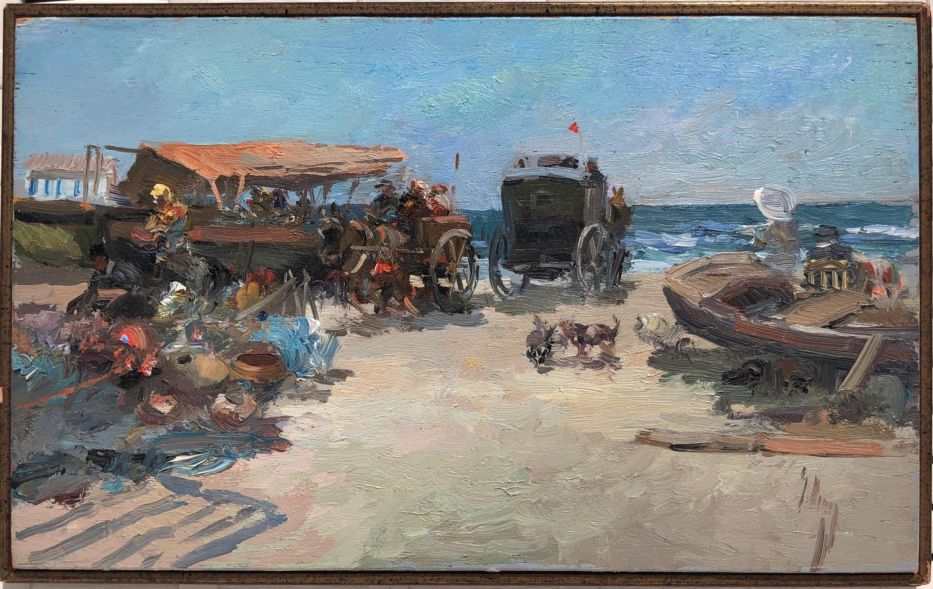Valencia beach scene seascape original oil on board painting - Painting by José Luis Checa