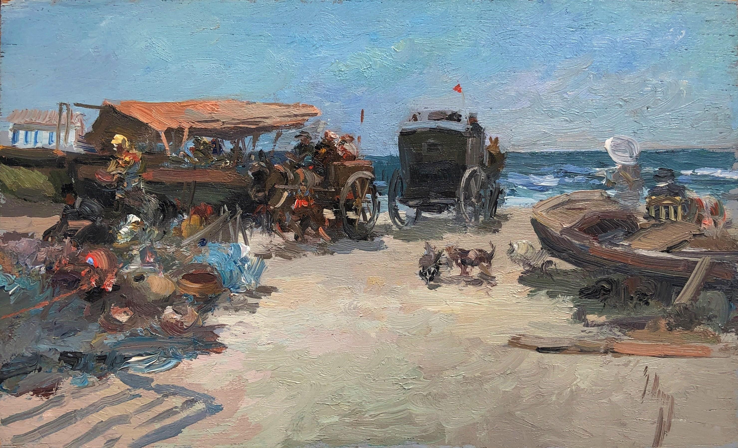 José Luis Checa Landscape Painting - Valencia beach scene seascape original oil on board painting