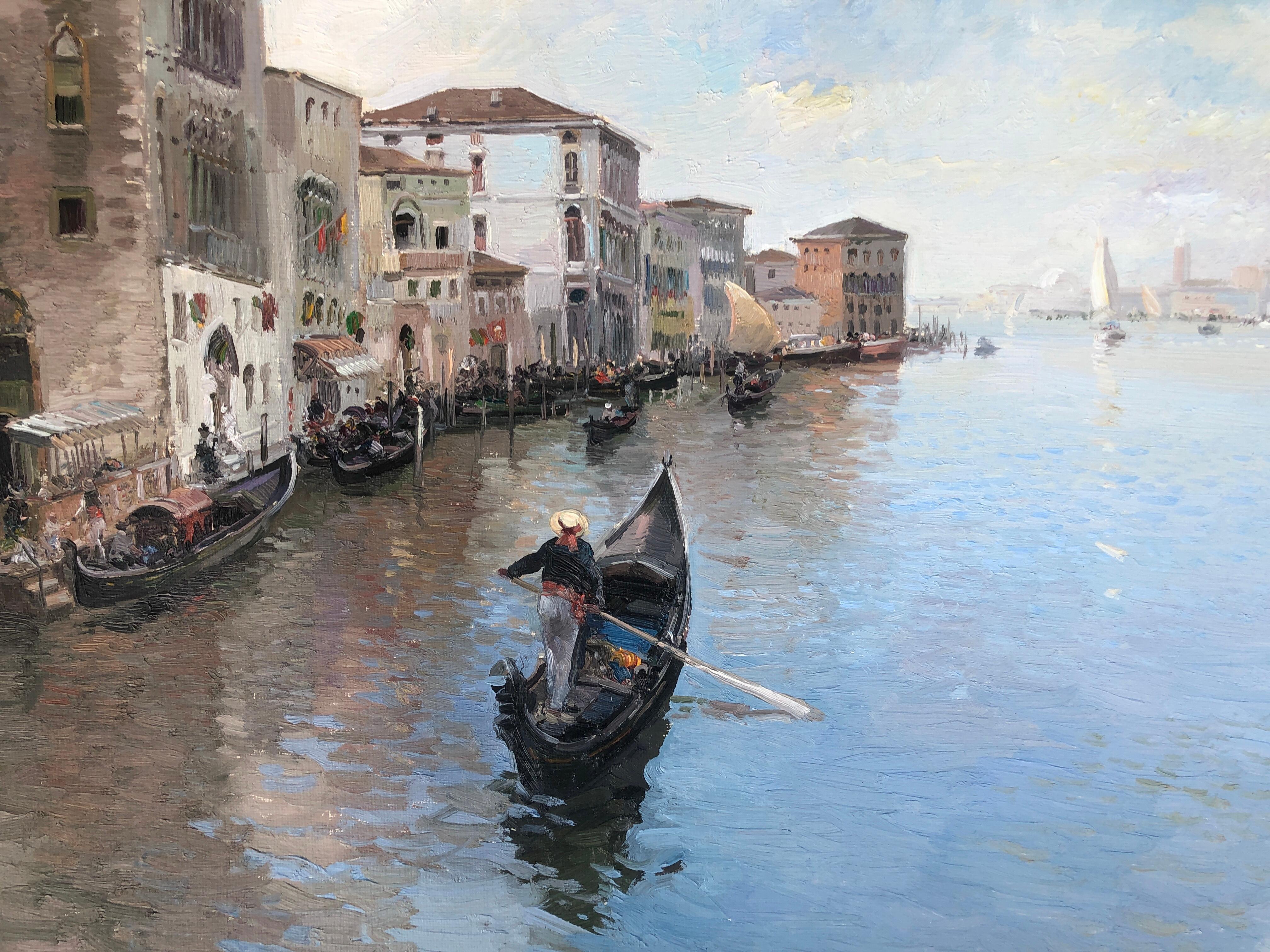 Venice Italy seascape original oil on canvas painting - Gray Landscape Painting by José Luis Checa