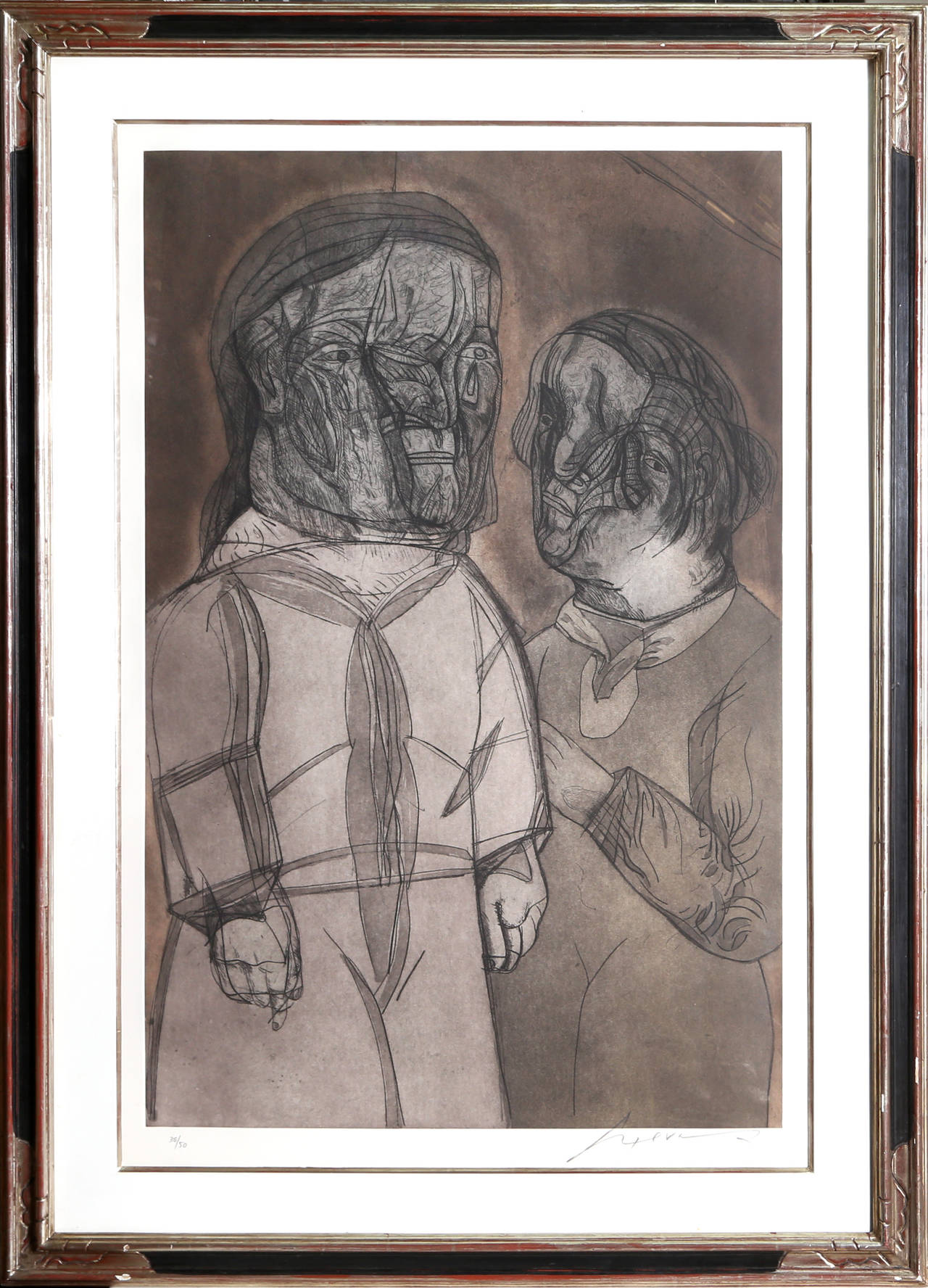 José Luis Cuevas Figurative Print - Justine y el Marquez de Sade, Surrealist Aquatint Etching by Jose Luis Cuevas