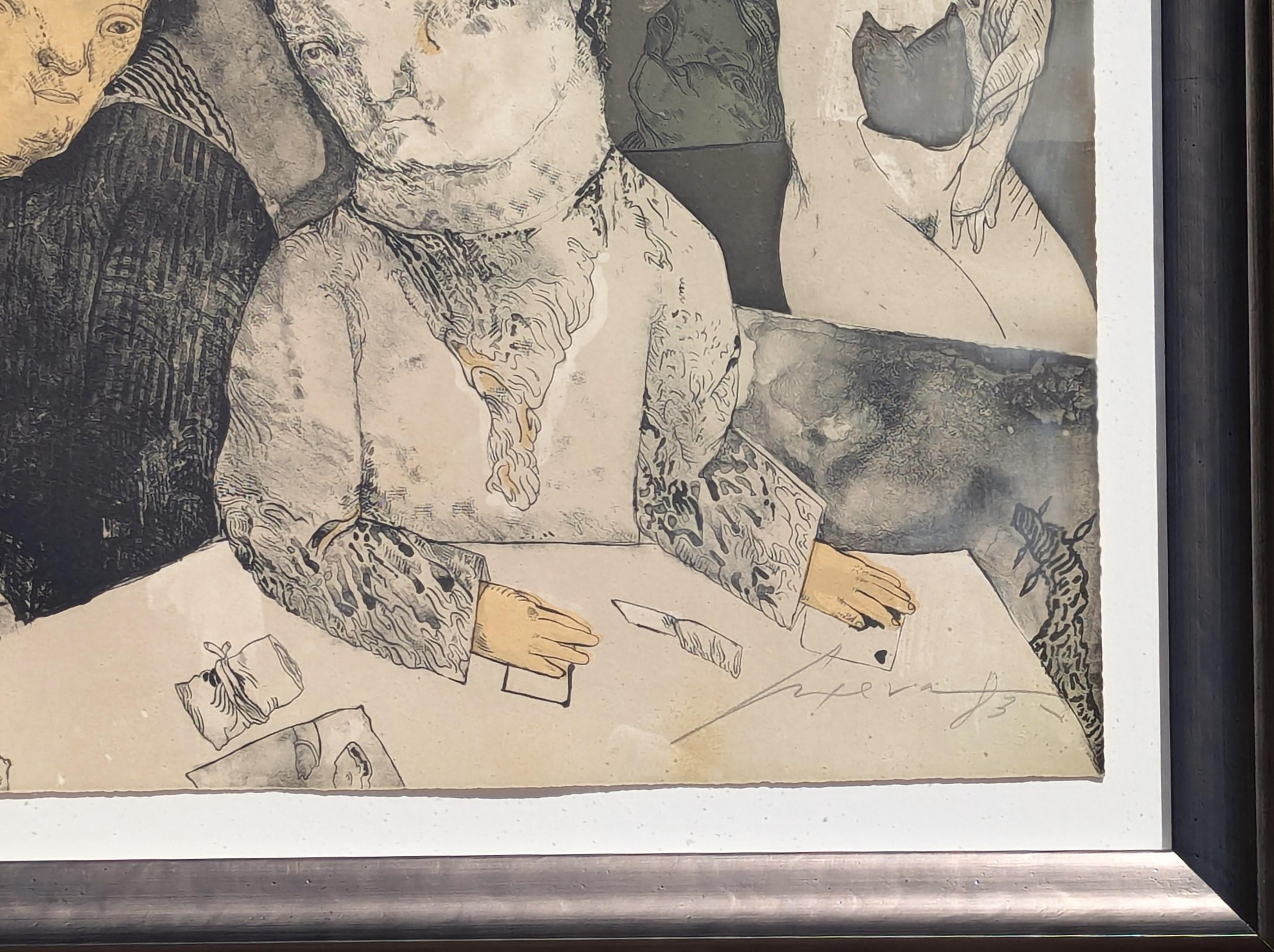 Litografía surrealista figurativa moderna del artista mexicano José Luis Cuevas. La obra presenta dos figuras centrales sentadas con papeles colocados sobre una mesa delante de ellas. El título hace referencia a António de Oliveira Salazar, dictador