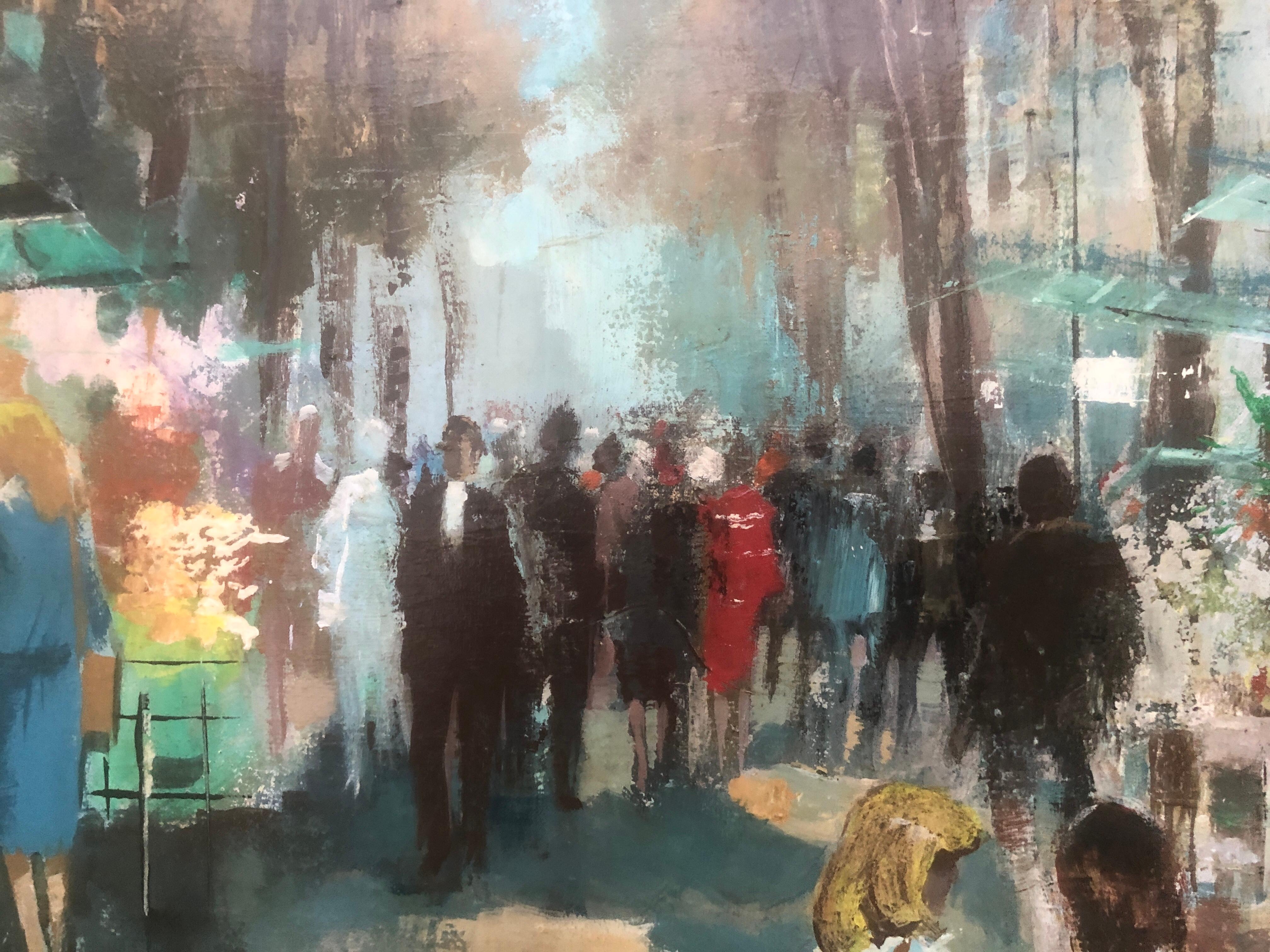 Fiori di strada Barcellona Spagna paesaggio urbano spagnolo olio su tela pittura - Painting Fauvismo di Jose Luis Florit Rodero