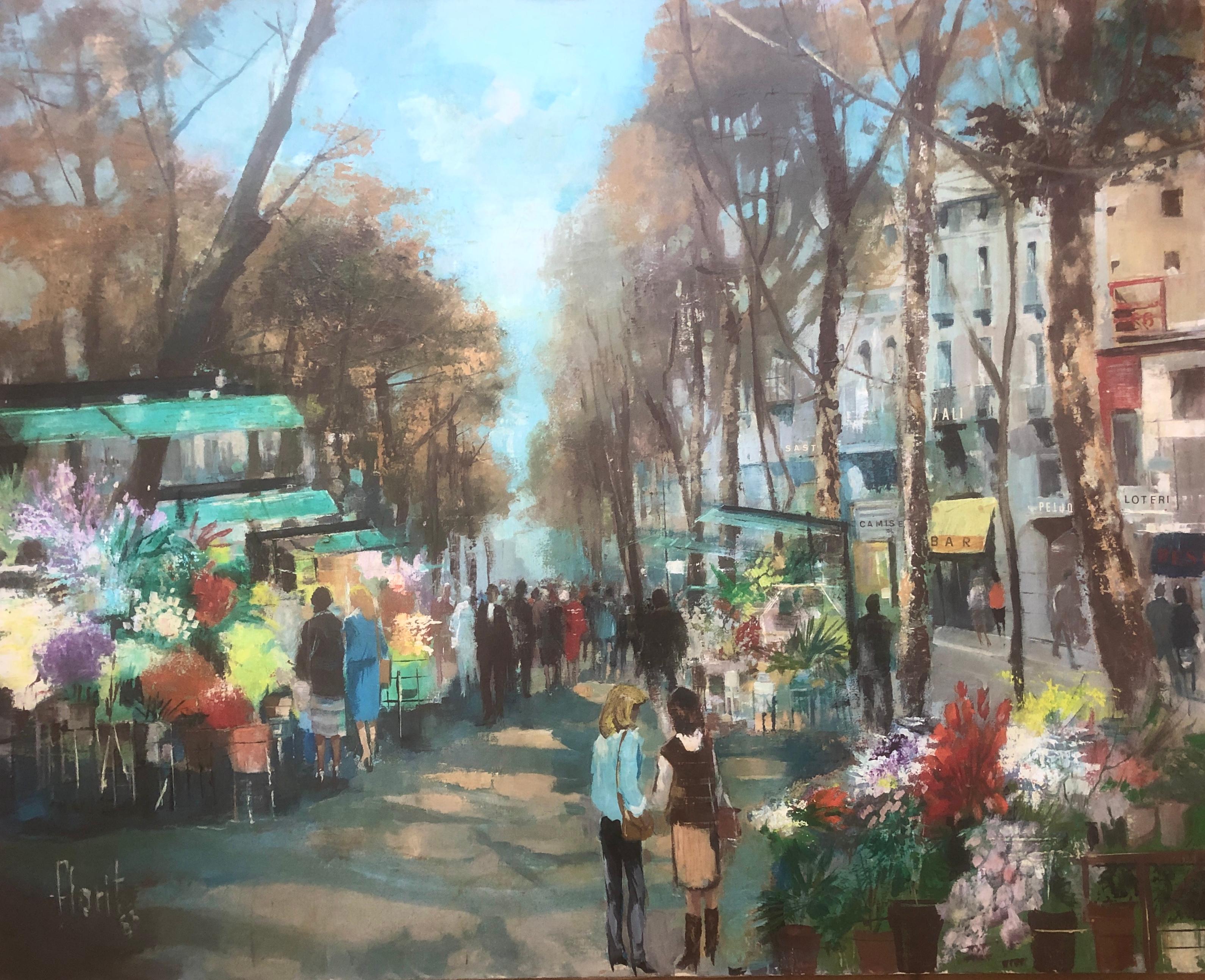 Jose Luis Florit Rodero Landscape Painting - Flowers street Barcelona Spain spanish urbanscape oil on canvas painting