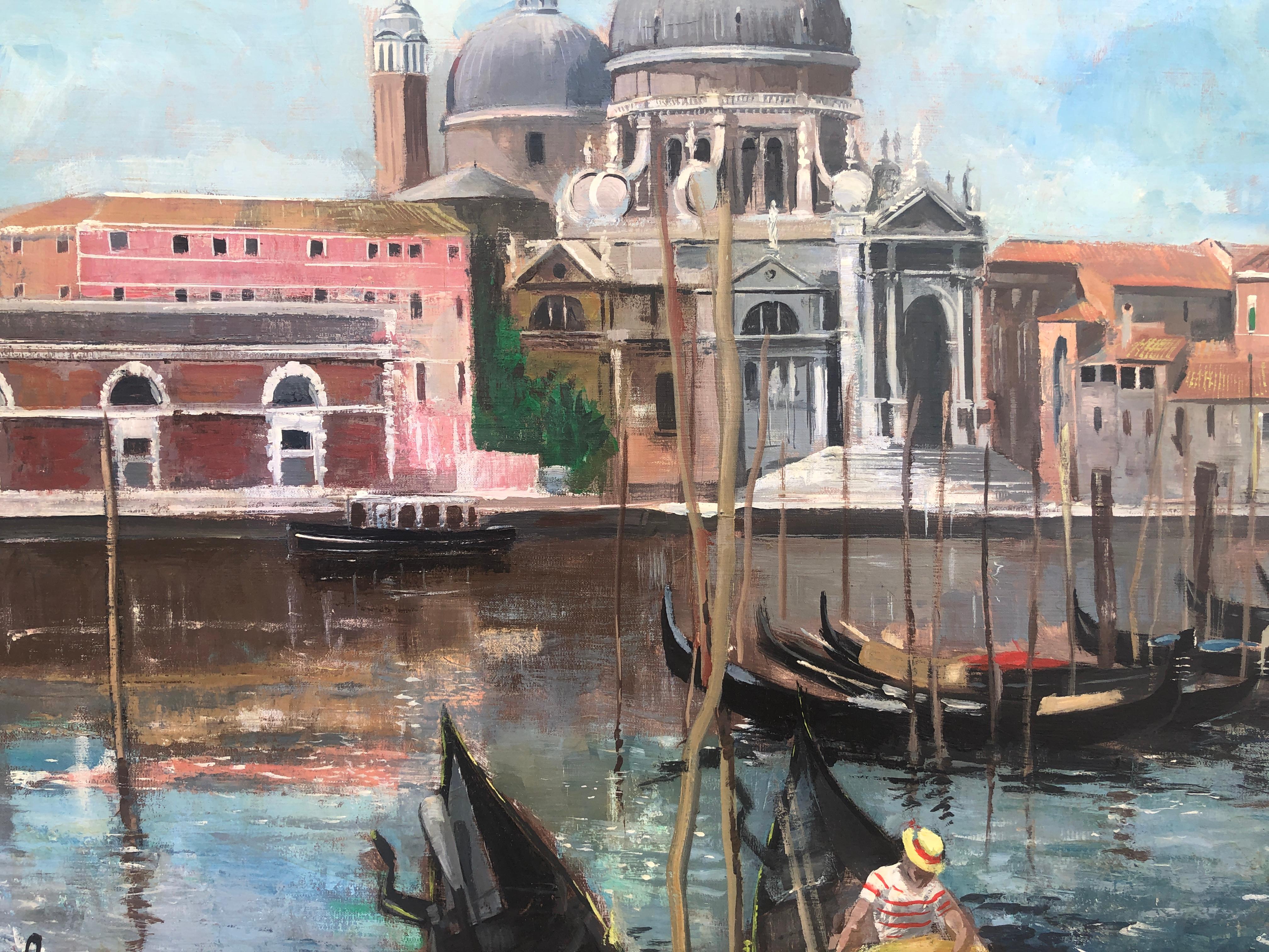 Gondolas in Venice Italy oil on canvas painting - Gray Landscape Painting by Jose Luis Florit Rodero