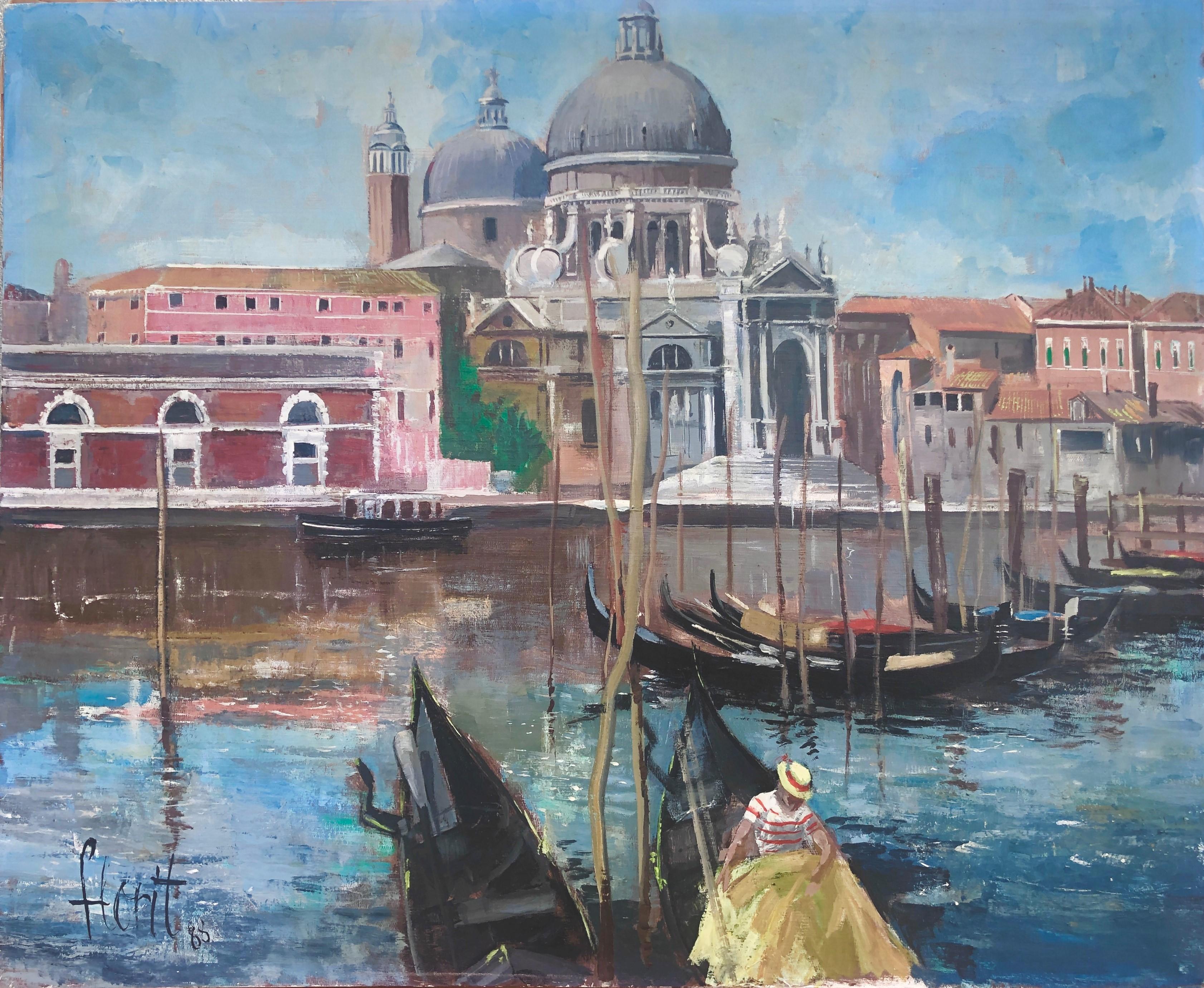 Jose Luis Florit Rodero Landscape Painting - Gondolas in Venice Italy oil on canvas painting