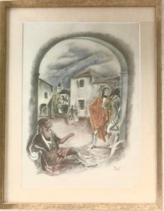 Goyesque Scene Watercolor Painting, Fauvist Style, Framed, 1980s