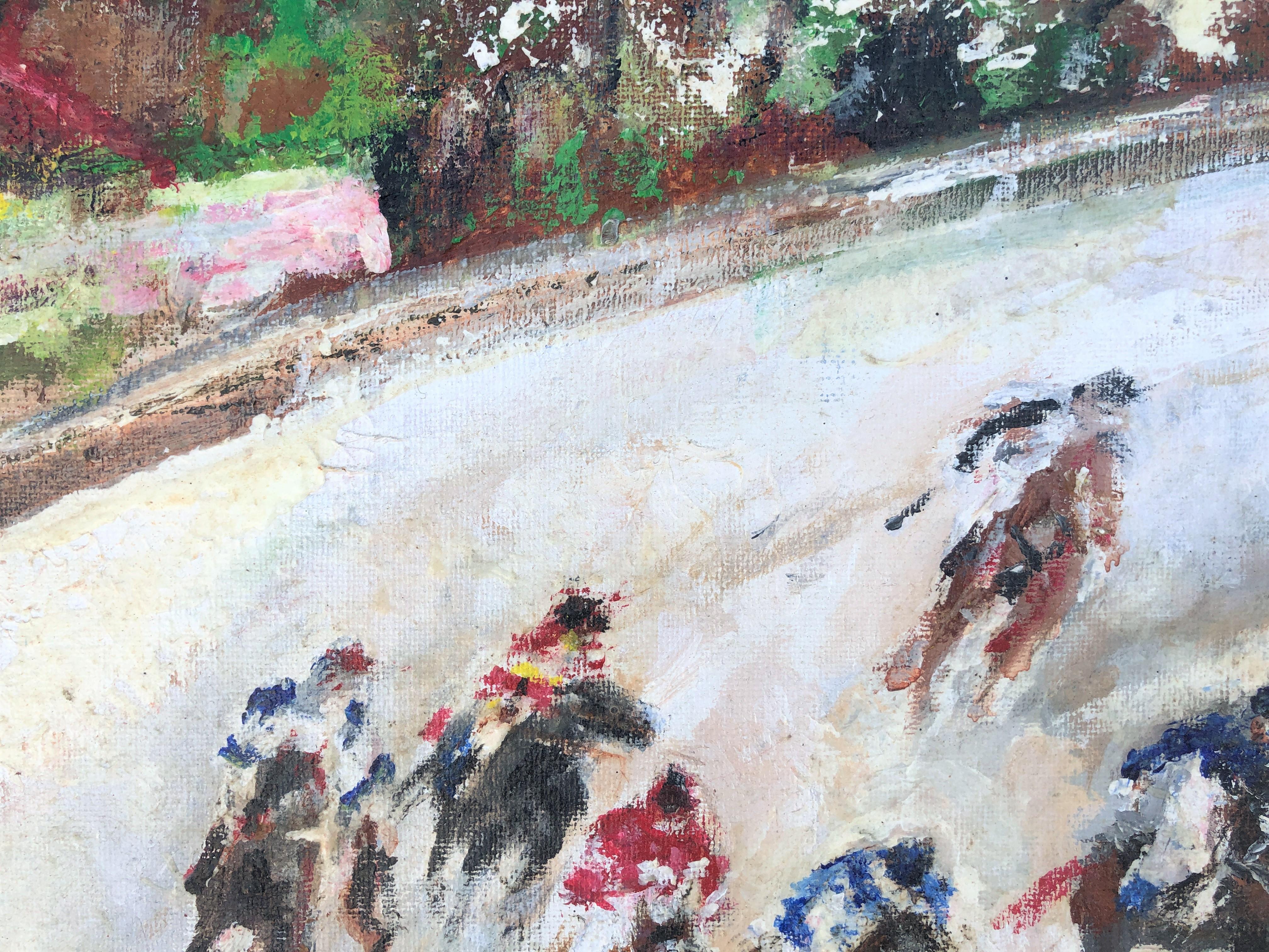 Peinture à l'huile sur toile d'une course de chevaux - Gris Animal Painting par Jose Luis Florit Rodero