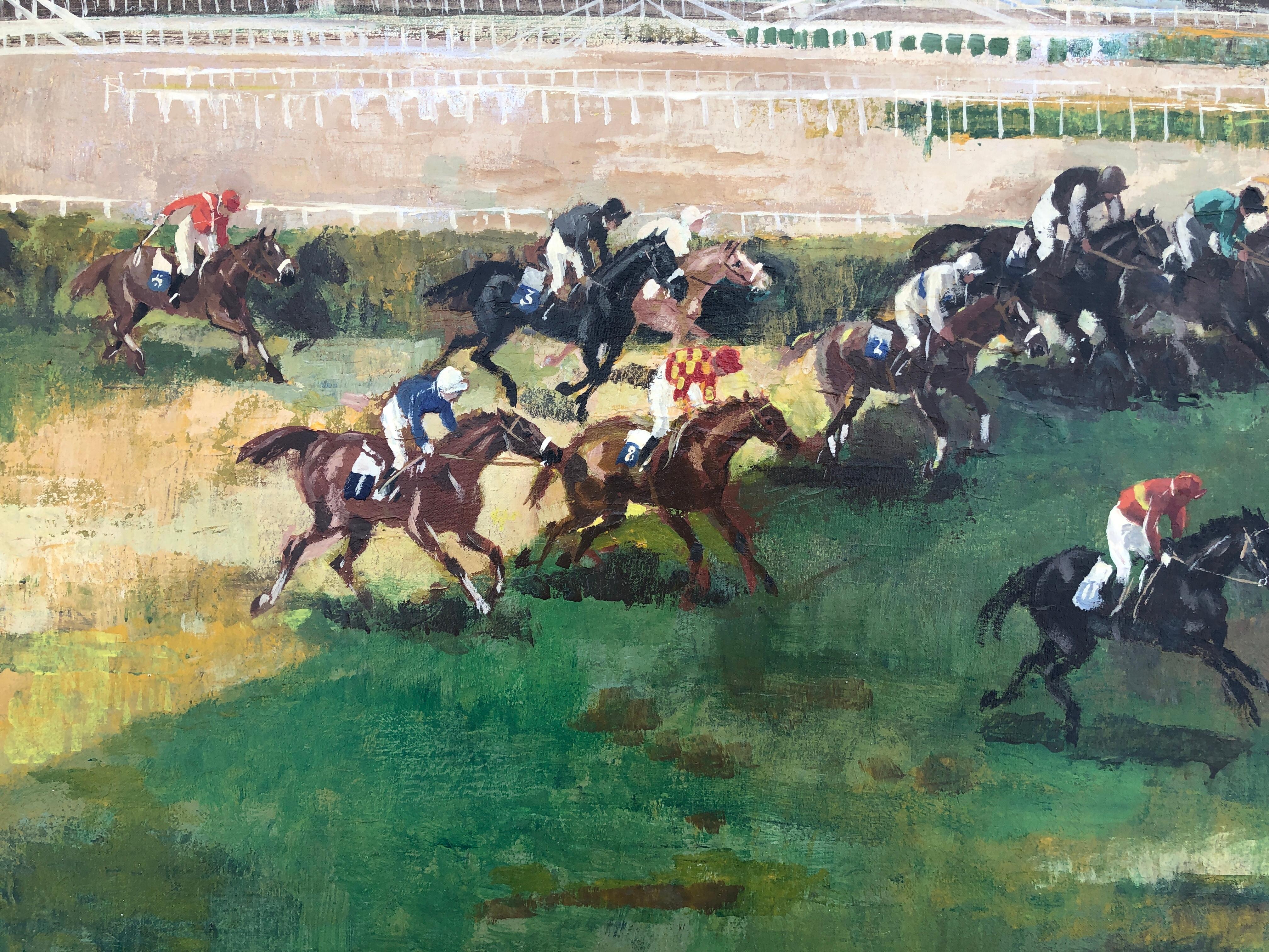 Horse race oil on canvas painting - Gray Animal Painting by Jose Luis Florit Rodero