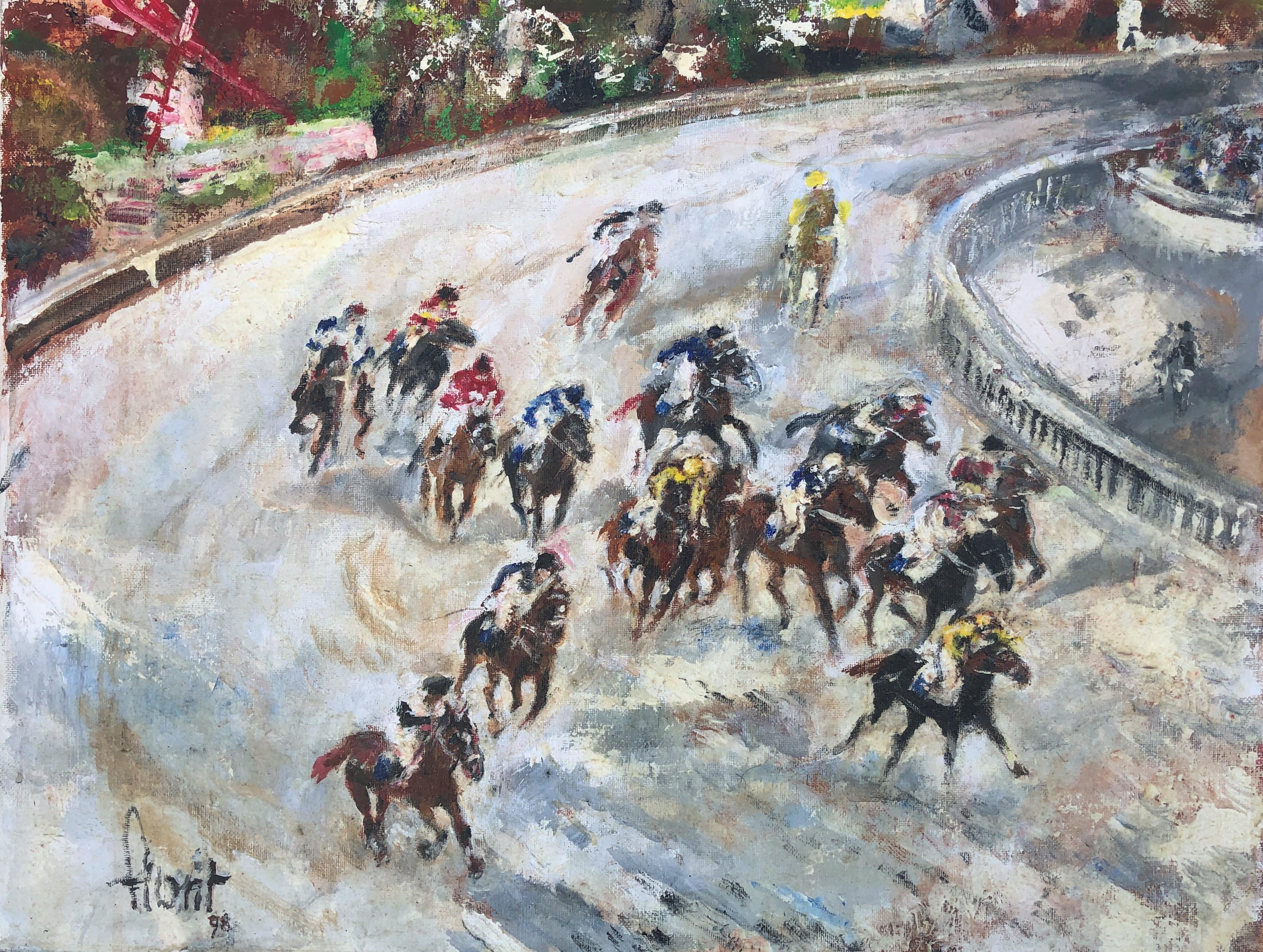 Animal Painting Jose Luis Florit Rodero - Peinture à l'huile sur toile d'une course de chevaux