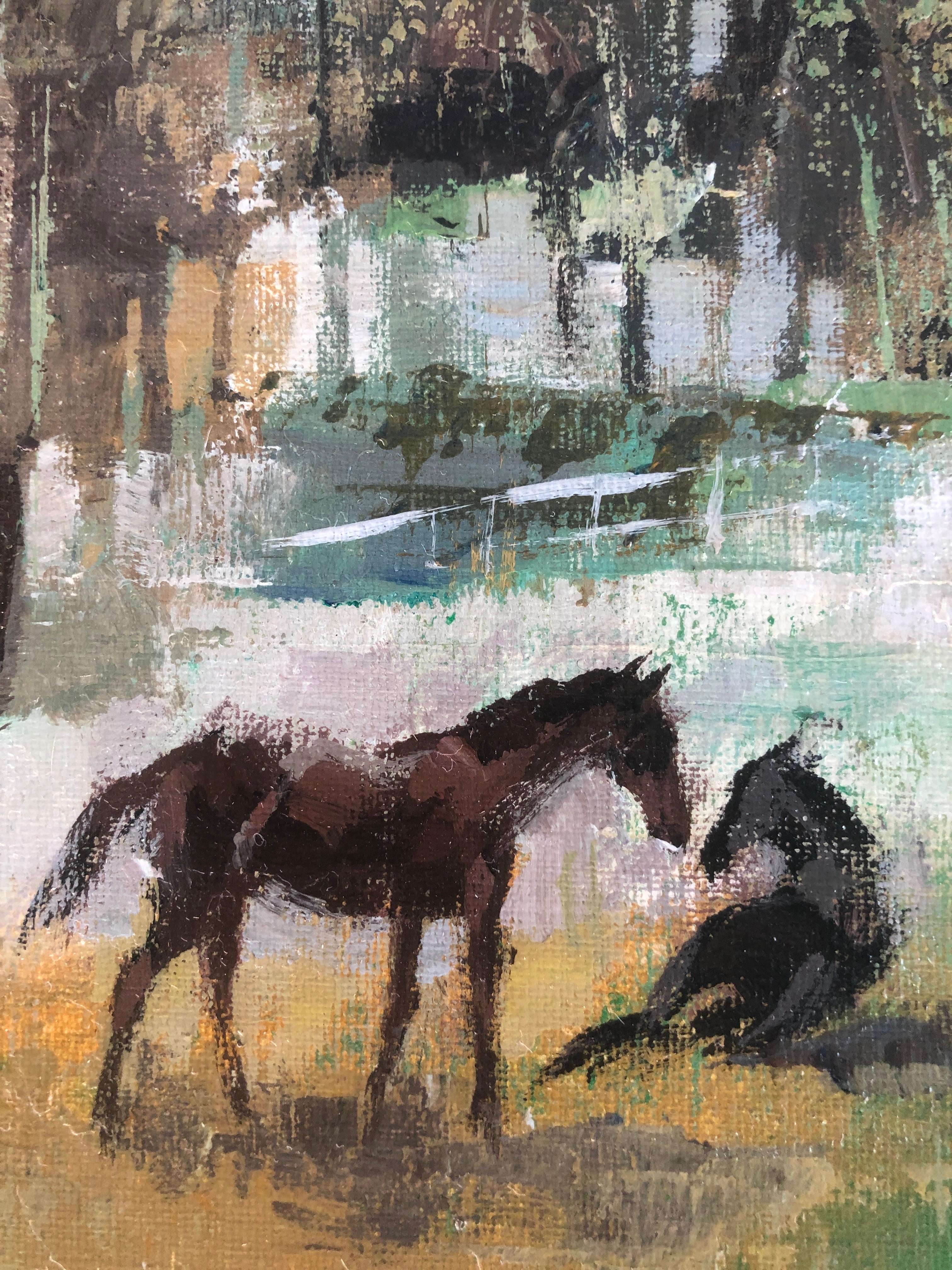 horses in the field landscape oil on canvas painting - Fauvist Painting by Jose Luis Florit Rodero
