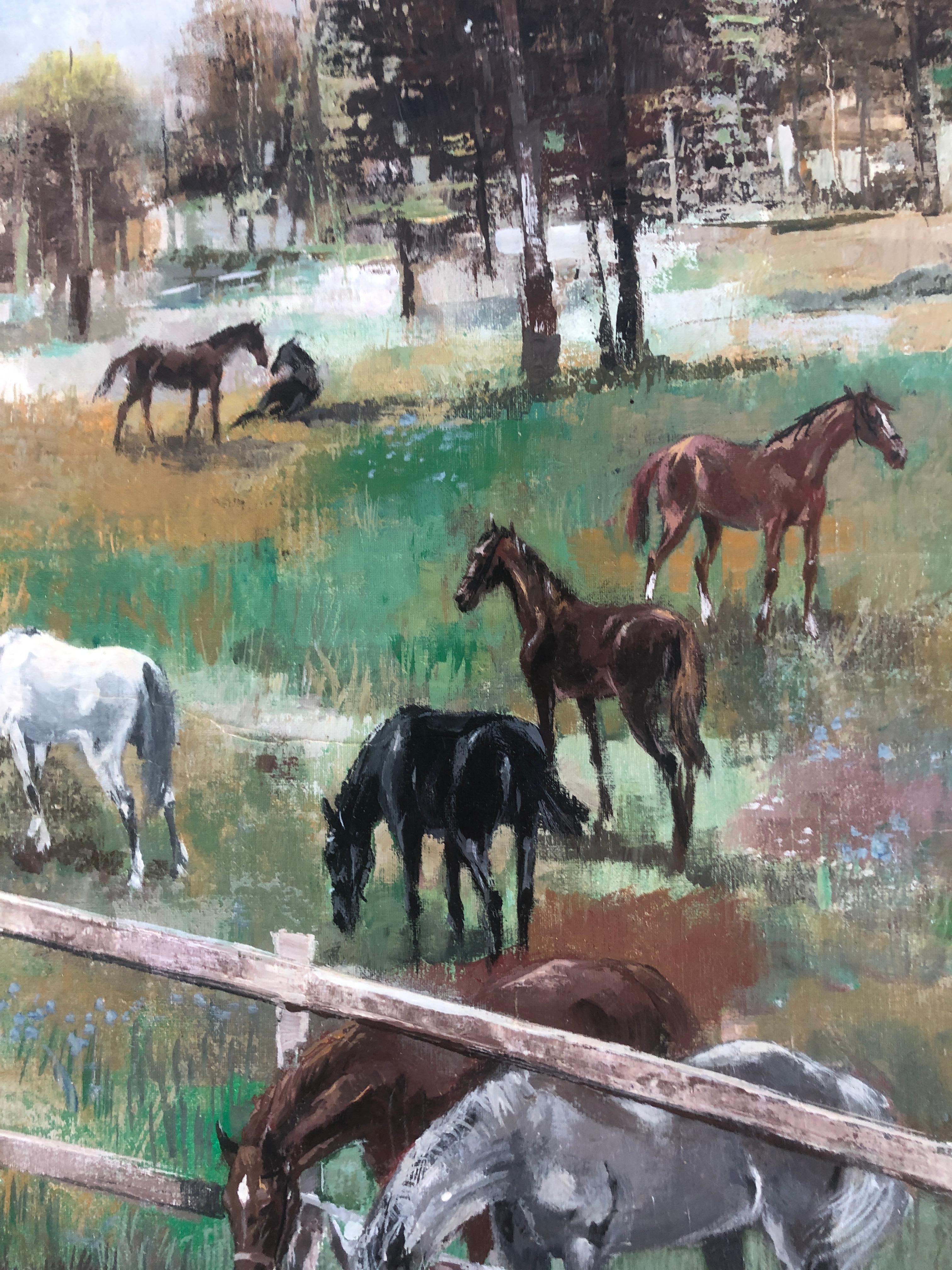horses in the field landscape oil on canvas painting - Gray Landscape Painting by Jose Luis Florit Rodero
