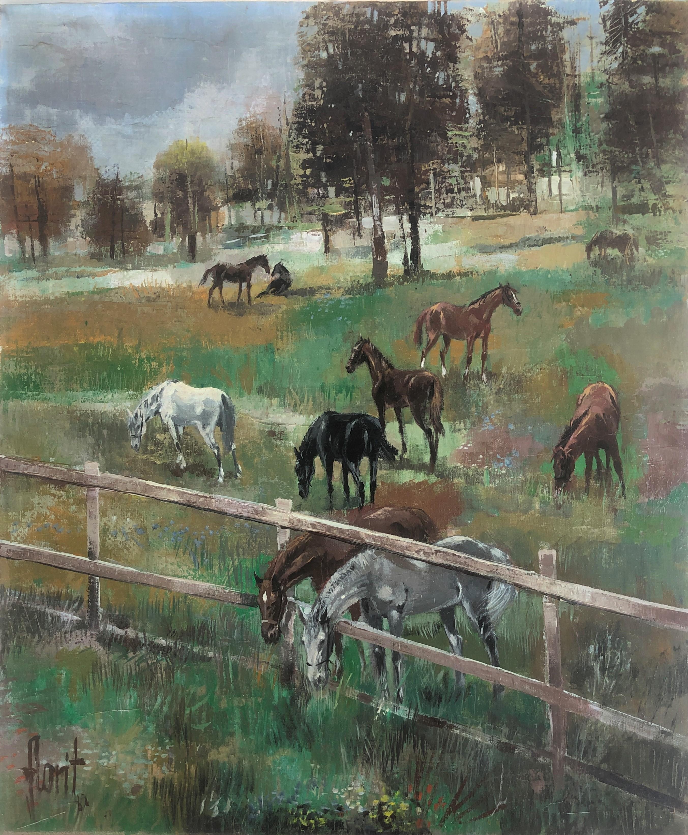 Jose Luis Florit Rodero Landscape Painting - horses in the field landscape oil on canvas painting