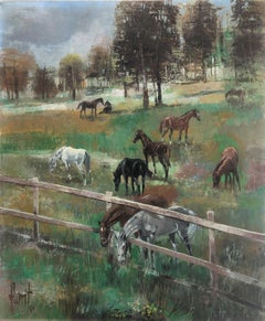 horses in the field landscape oil on canvas painting