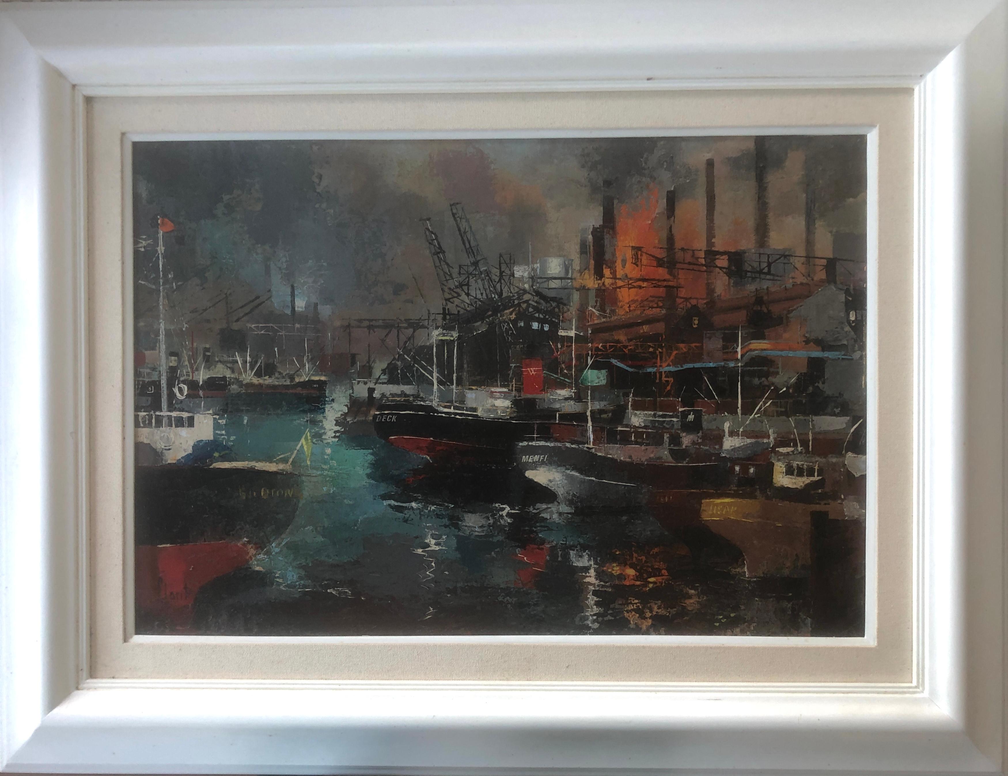 Puerto industrial Barcelona España paisaje urbano español pintura al óleo sobre lienzo - Painting de Jose Luis Florit Rodero