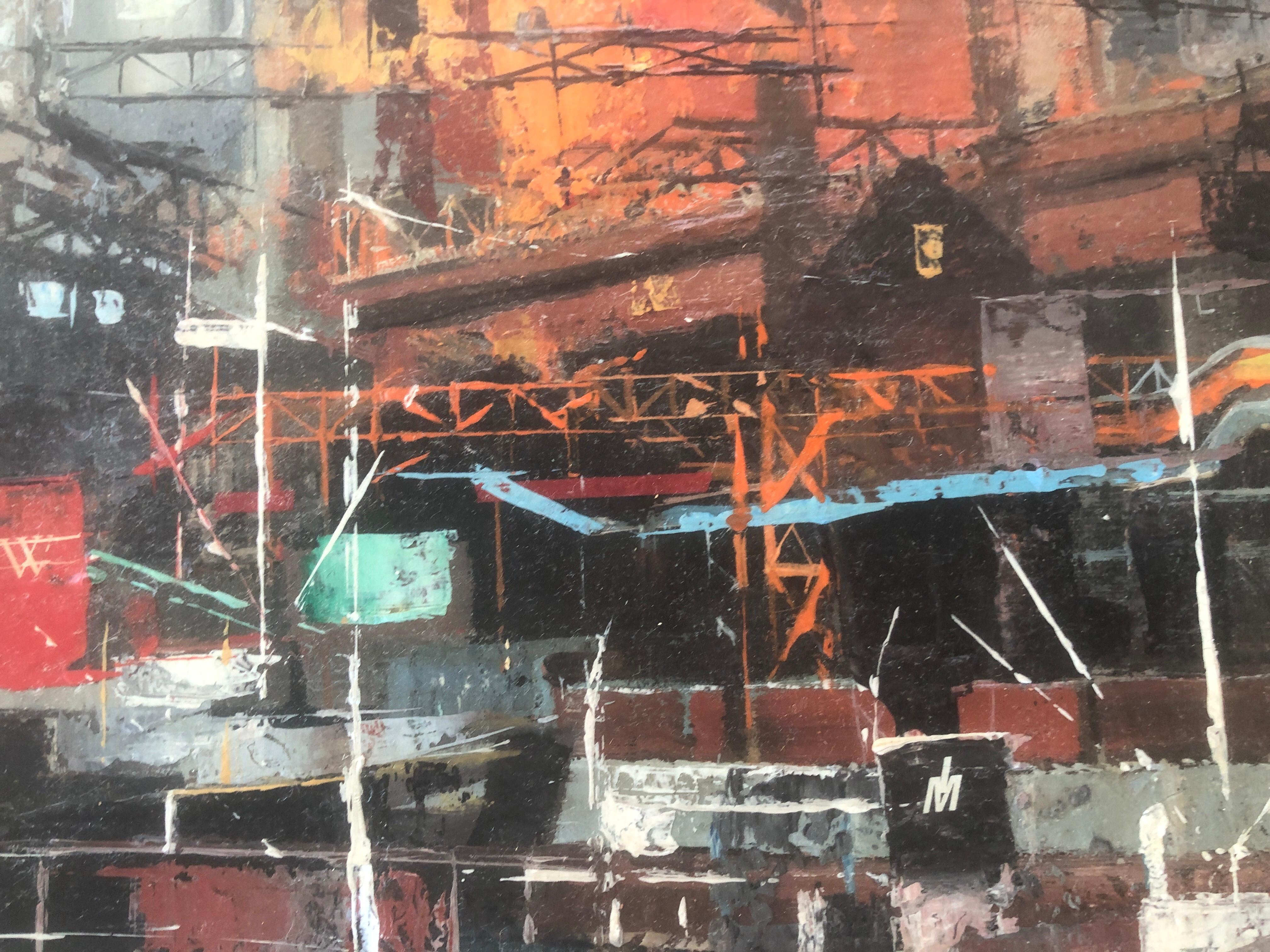 Puerto industrial Barcelona España paisaje urbano español pintura al óleo sobre lienzo - Painting Fauvista de Jose Luis Florit Rodero