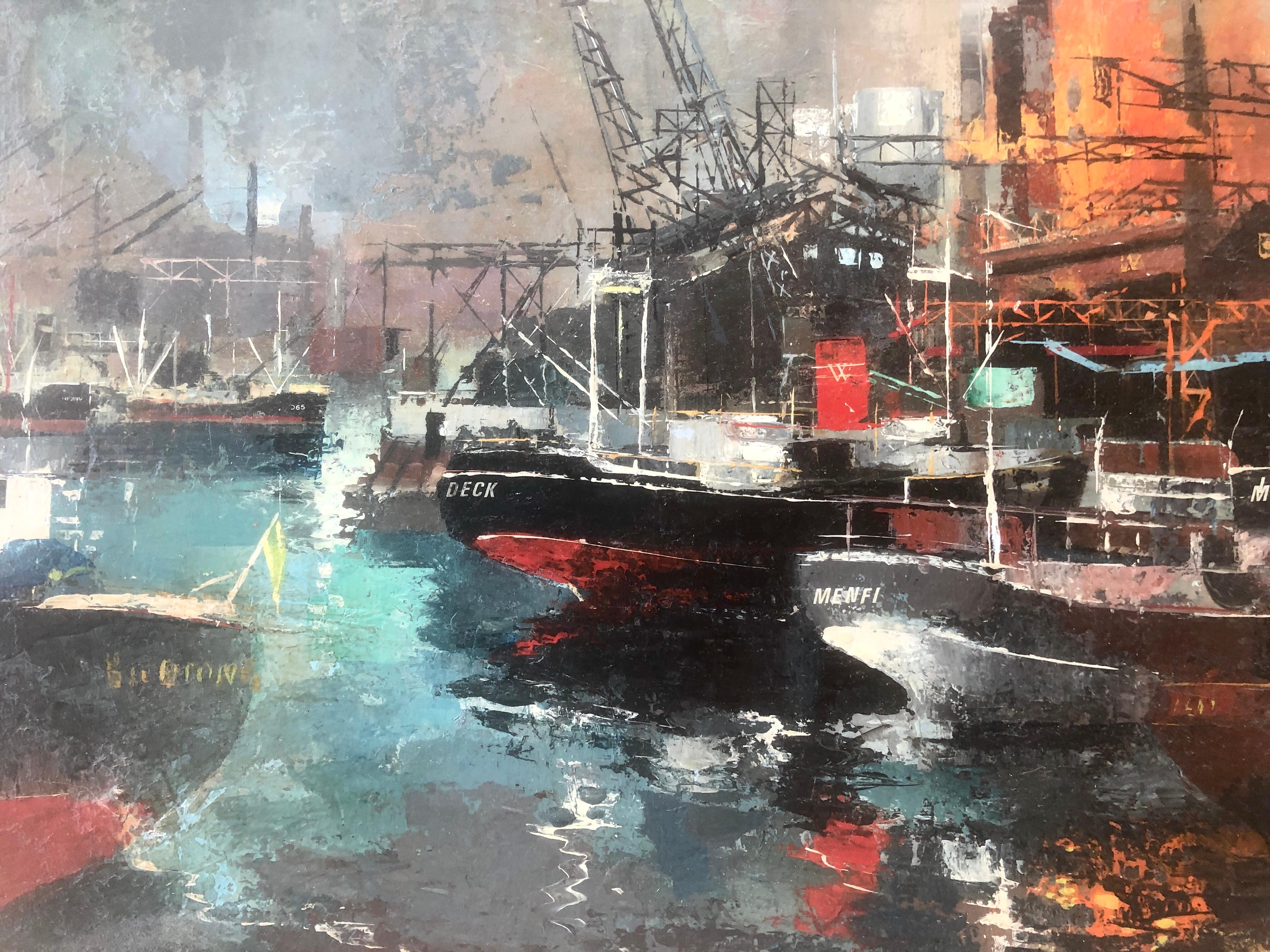 Puerto industrial Barcelona España paisaje urbano español pintura al óleo sobre lienzo 1