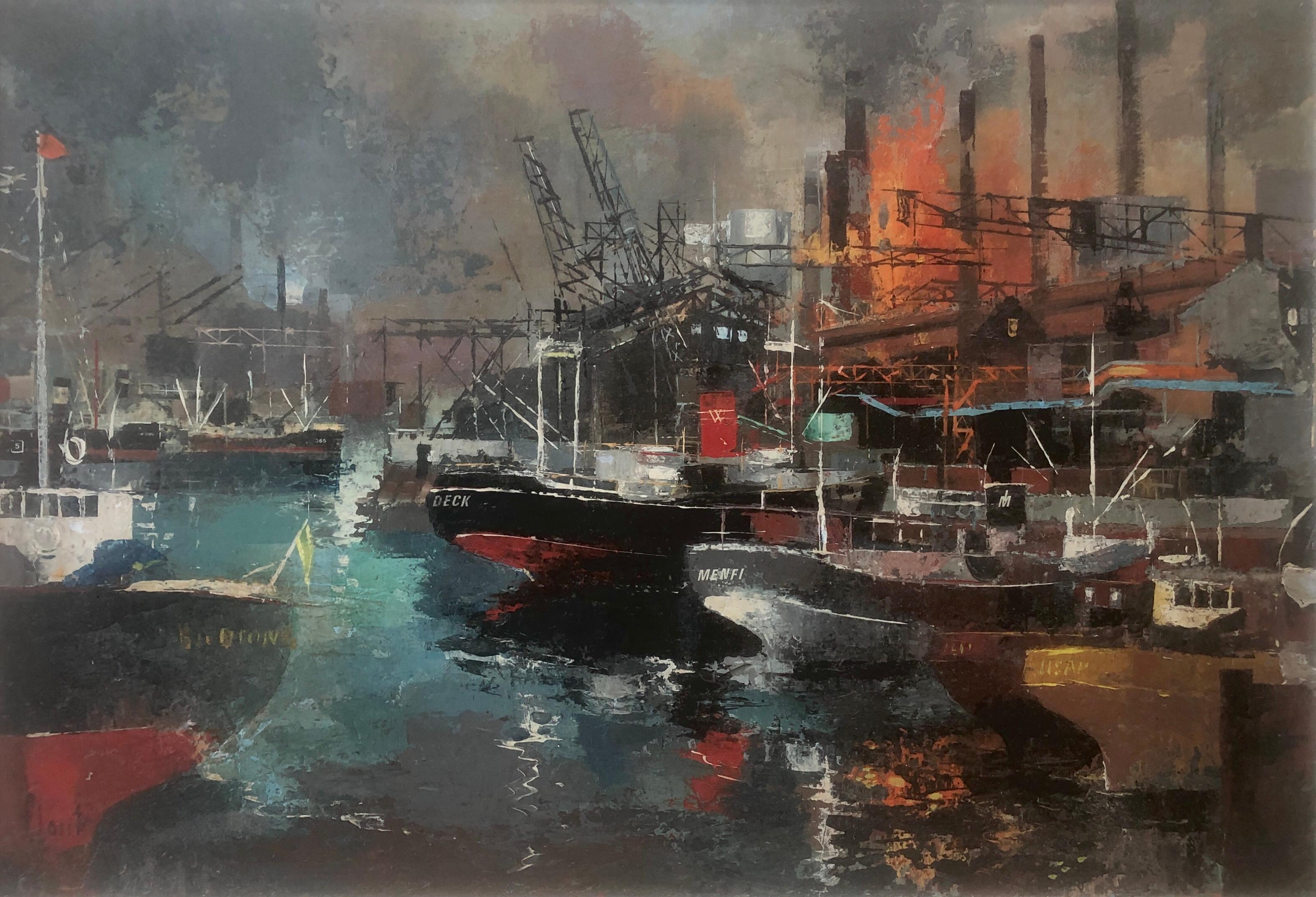 Landscape Painting de Jose Luis Florit Rodero - Puerto industrial Barcelona España paisaje urbano español pintura al óleo sobre lienzo